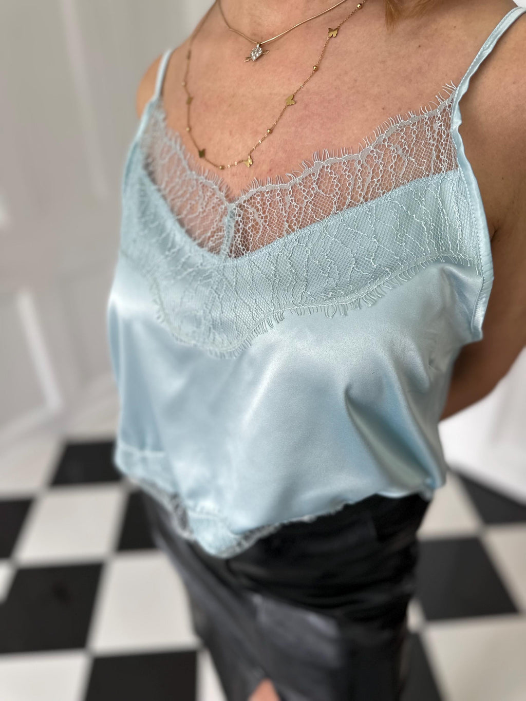 Vintage duck egg blue camisole with romantic lace