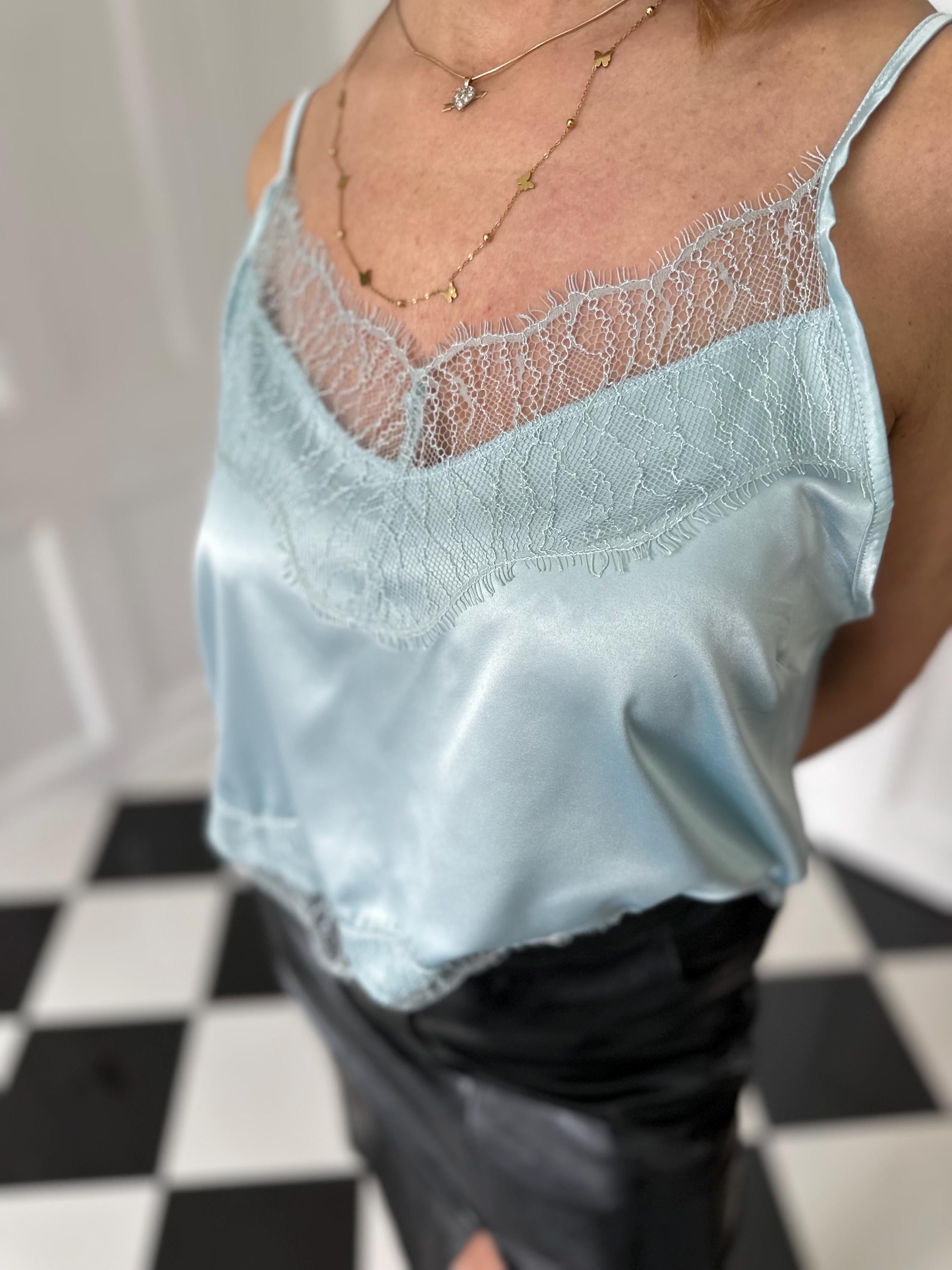 Vintage duck egg blue camisole with romantic lace