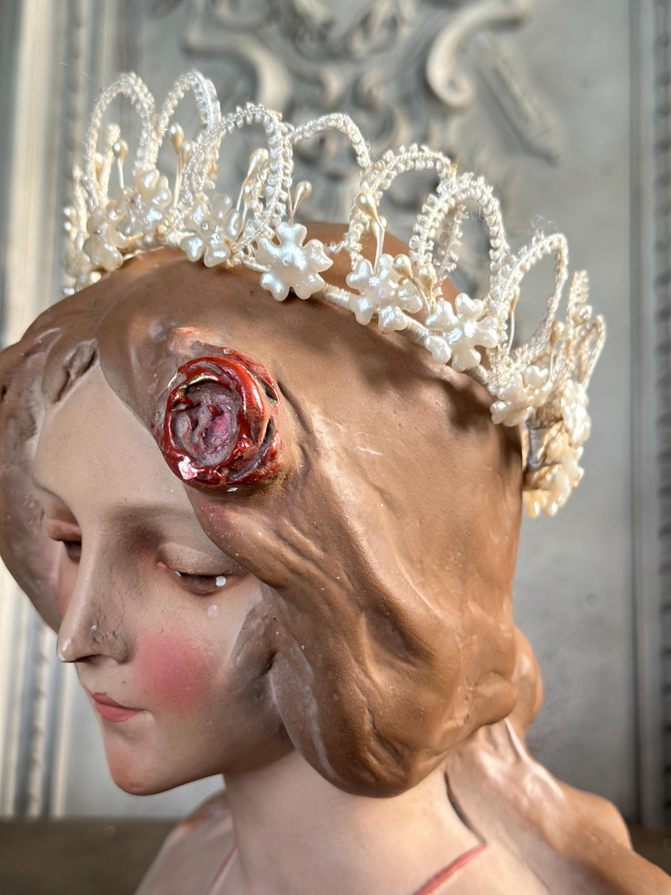 Antique 1950s  Floral Wax with ribbon tiara crown