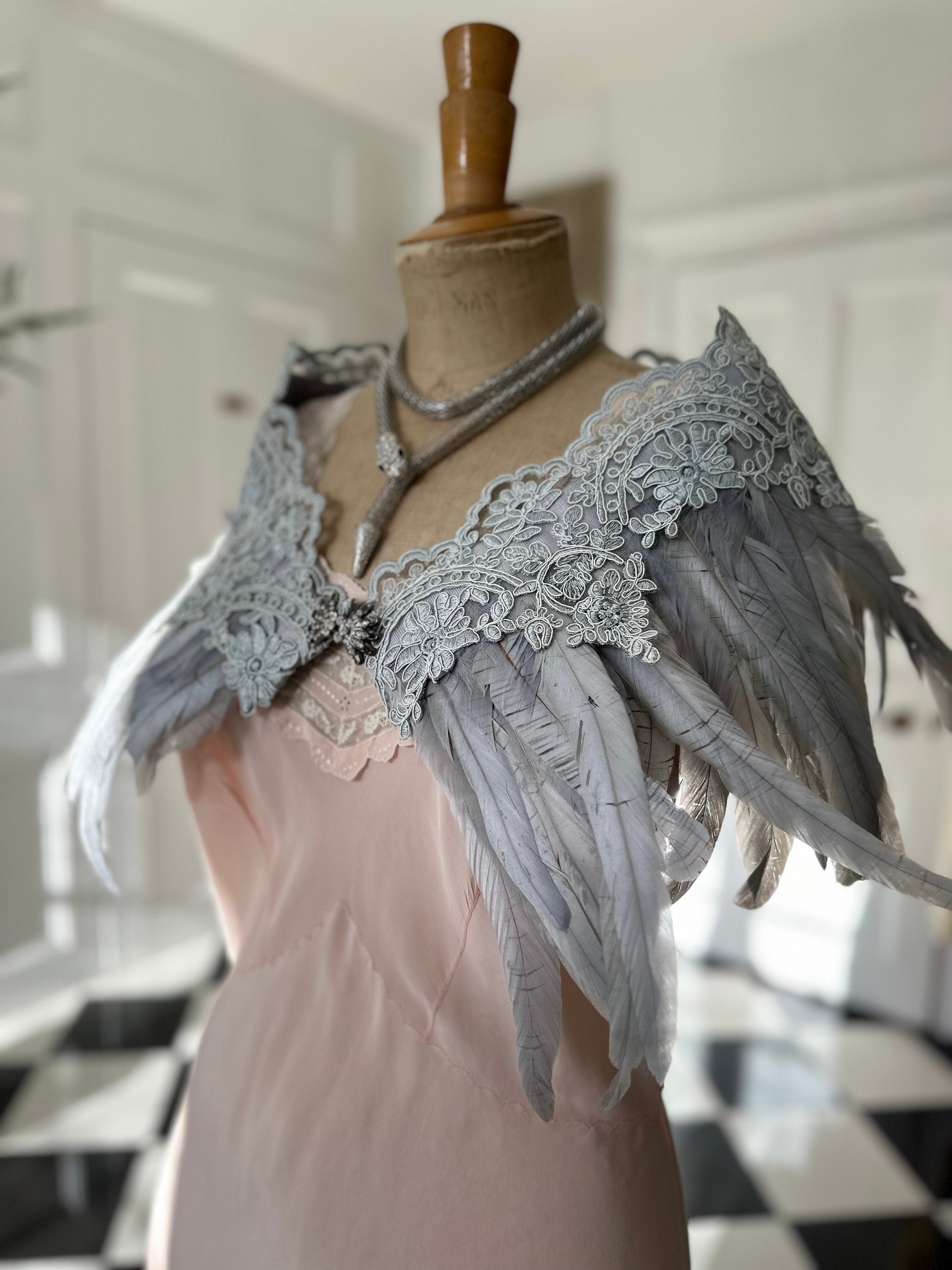 1920s 1930s Vintage style grey feather and lace cape bolero