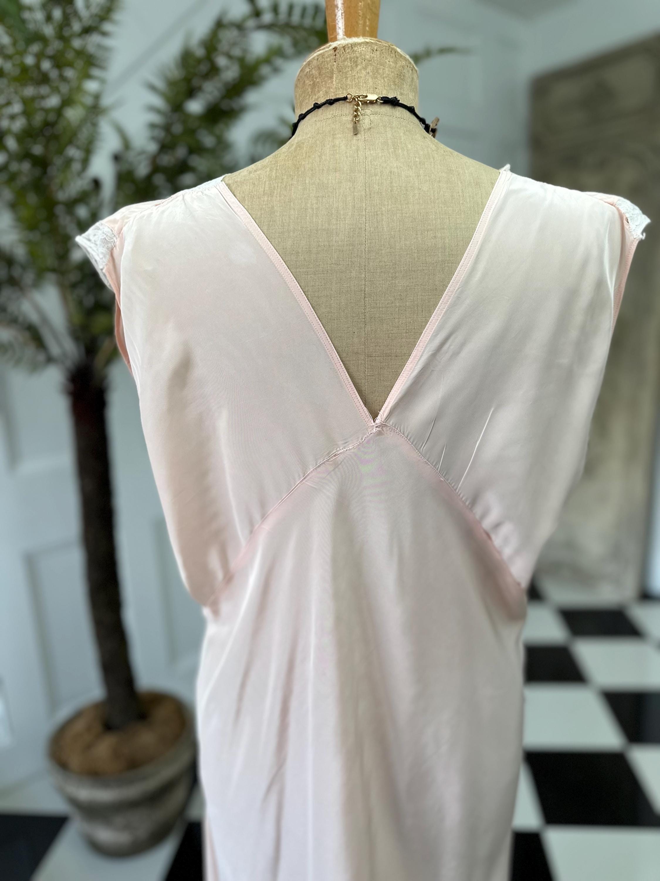1930s Pale Pink Slip Dress: Vintage Bias Cut with Cream Lace