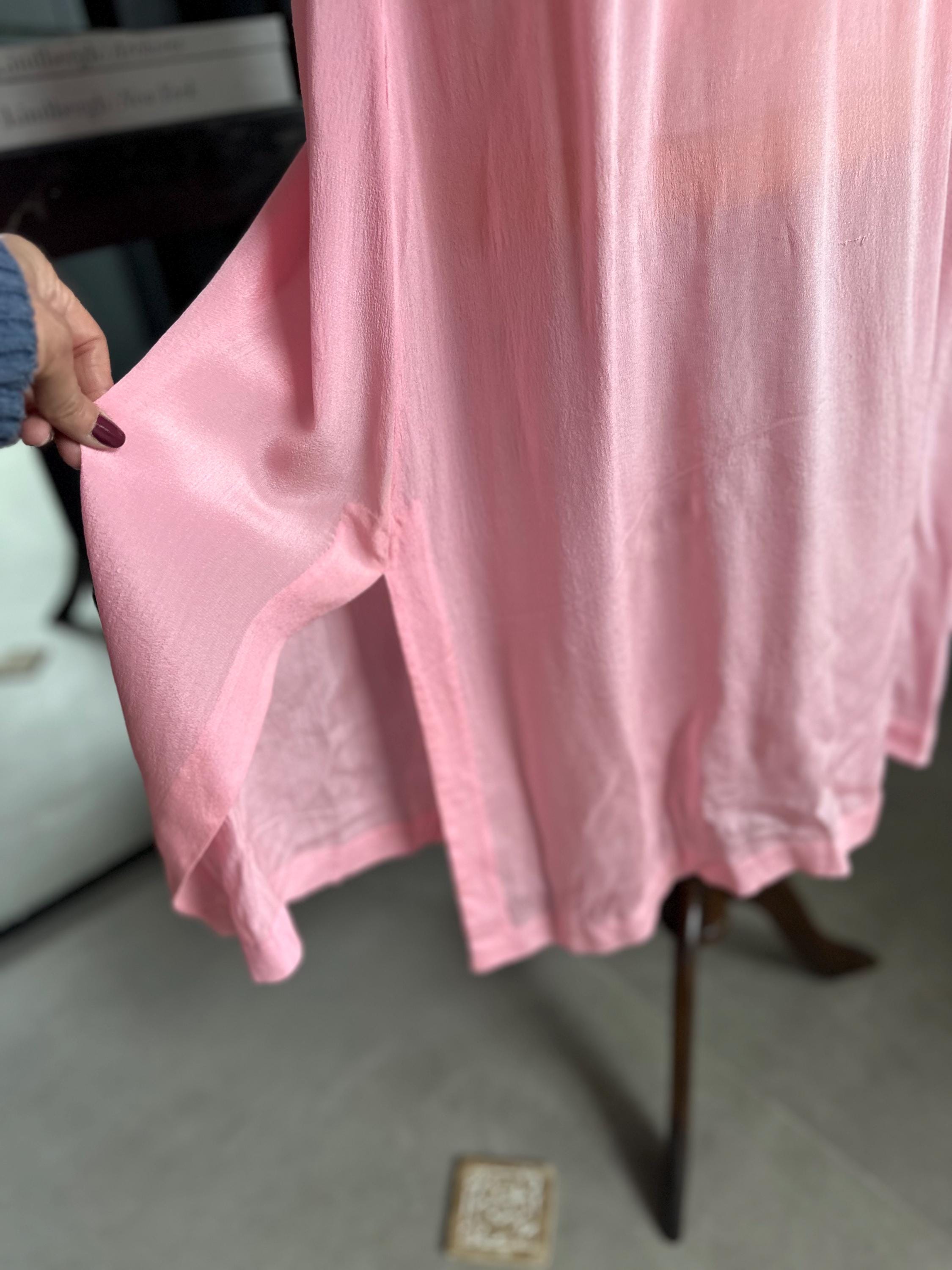 1930s Pink Silk Gown | Lace Ruffle Sleeve Slip, Antique Crepe Nightgown