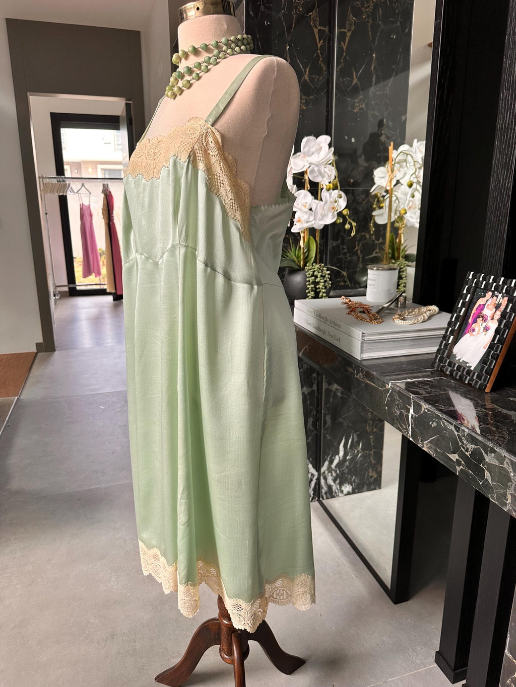 Antique 1930s Mint Green Silk Slip – Authentic Lace trimming