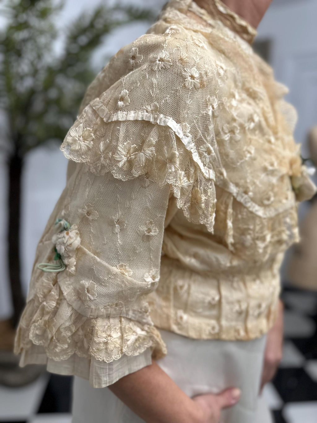 Romantic Lace Bridal Bodice Silk Embroidery with Floral Corsage and Silk Ribbon Details