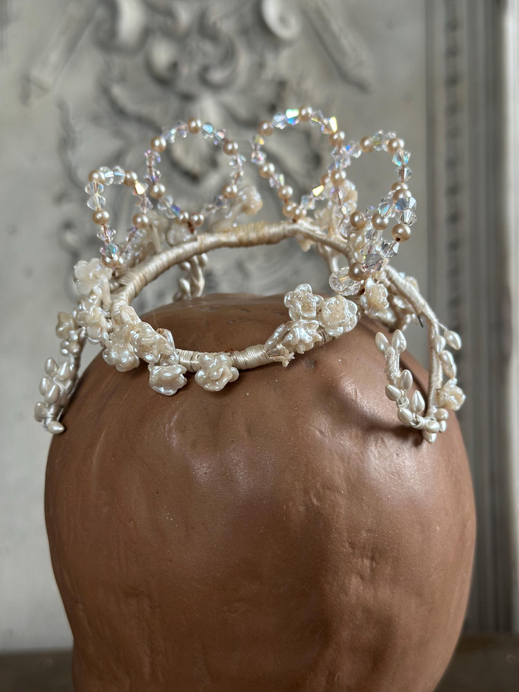Charming Floral Wax Tiara with Crystal Accents 1930s 40s