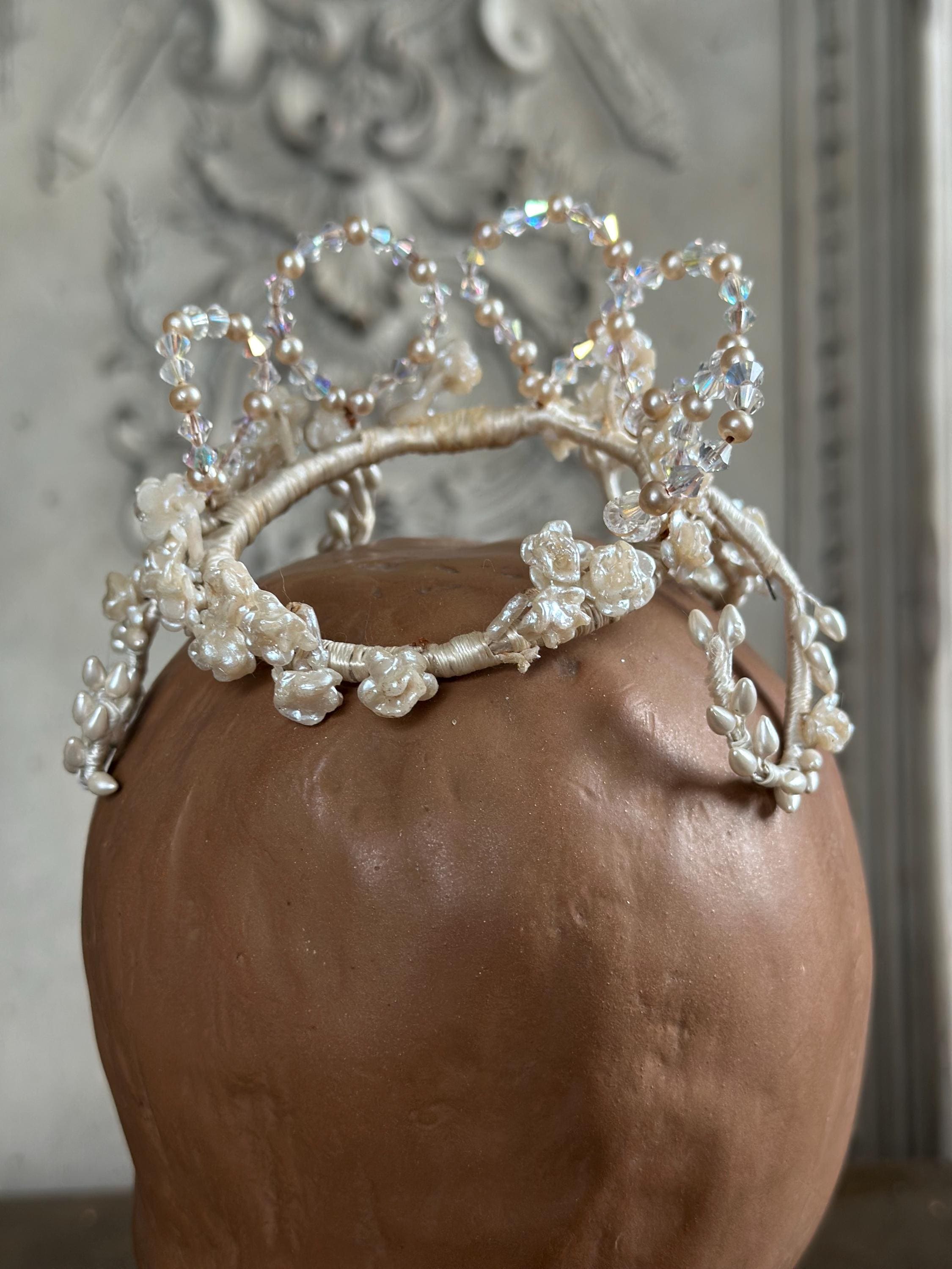 Charming Floral Wax Tiara with Crystal Accents 1930s 40s