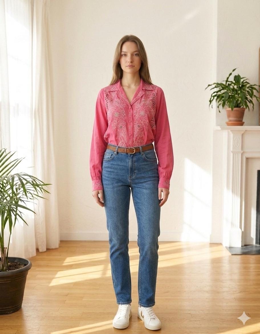 Vintage rose pink hand embroidery long sleeve blouse  large Uk 14 to Uk 16