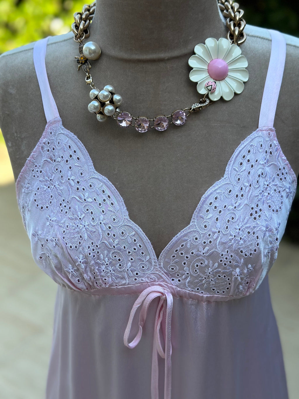 1970 Vintage long pink slip dress with embroidery