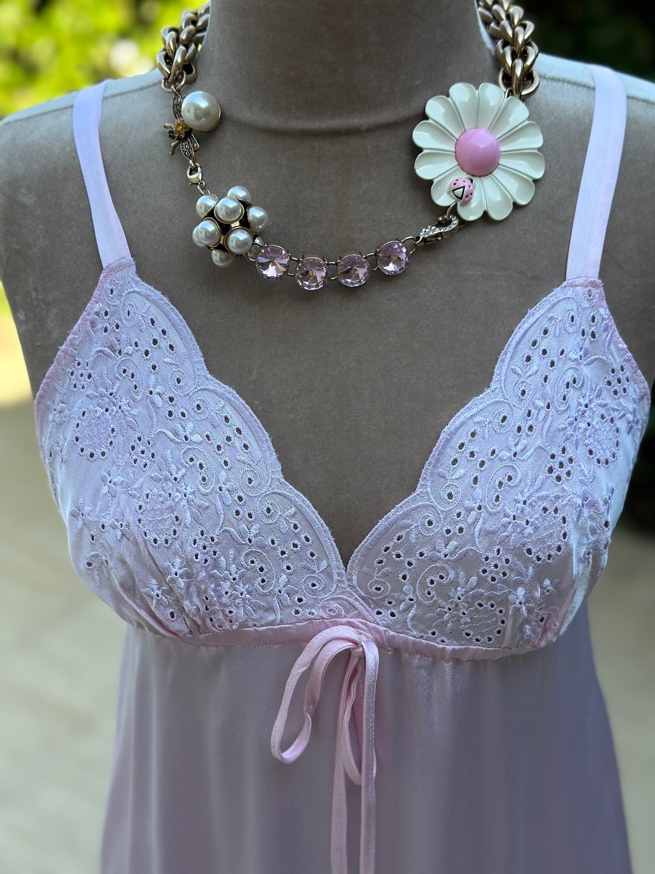 1970 Vintage long pink slip dress with embroidery