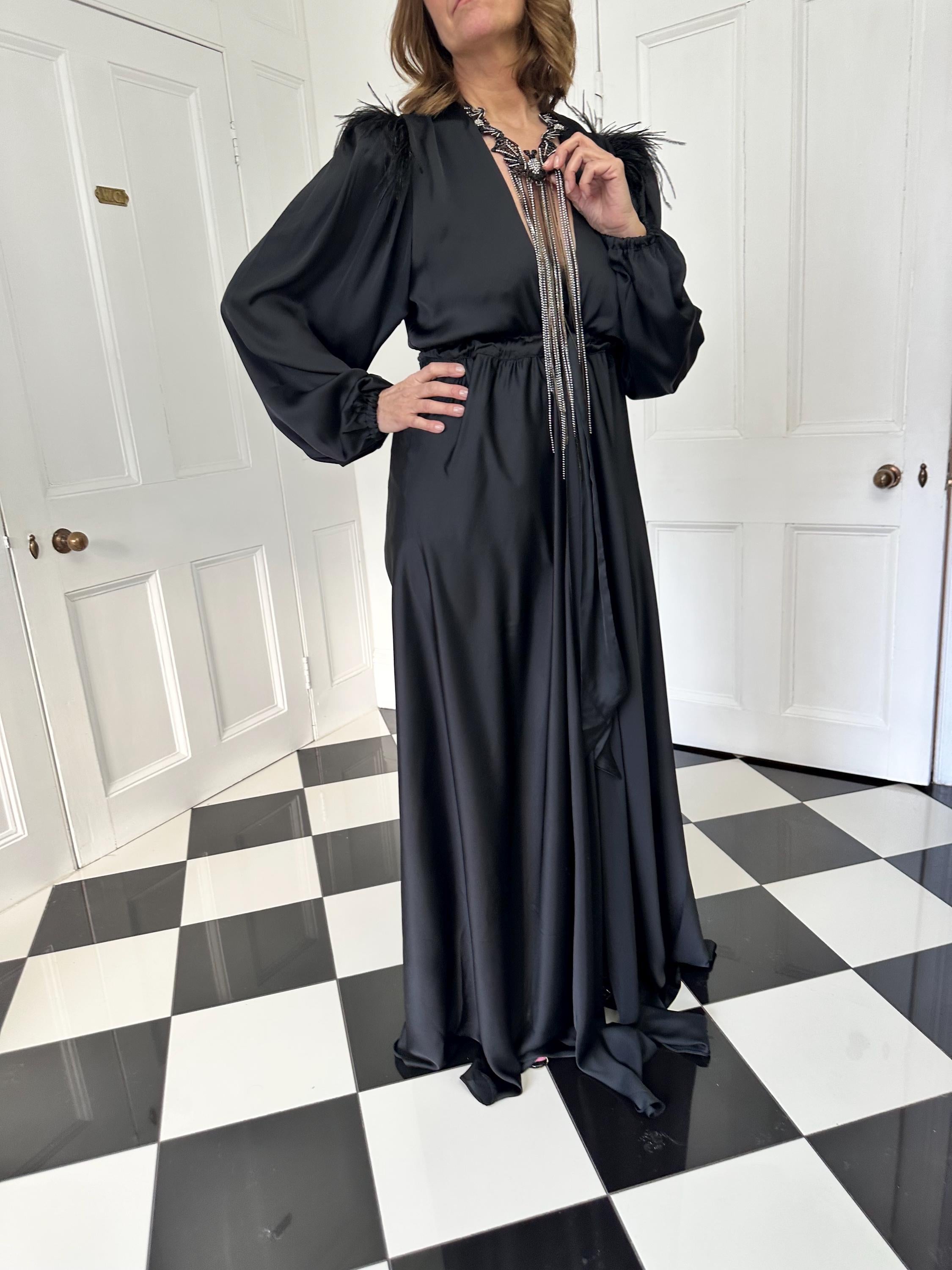 Vintage 1940s style black maxi gown robe with ostrich feather
