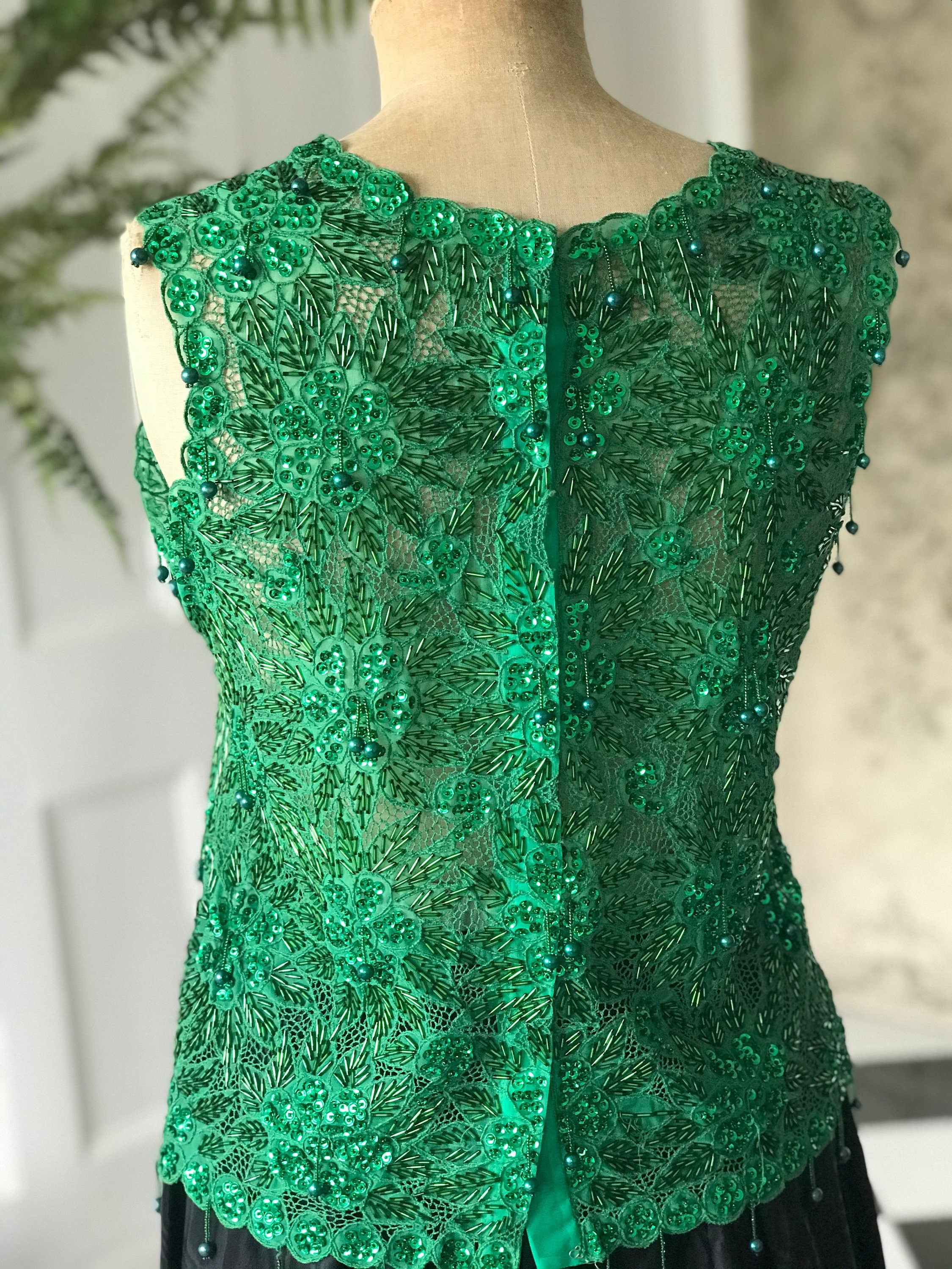 1960s Emerald green chiffon beaded blouse