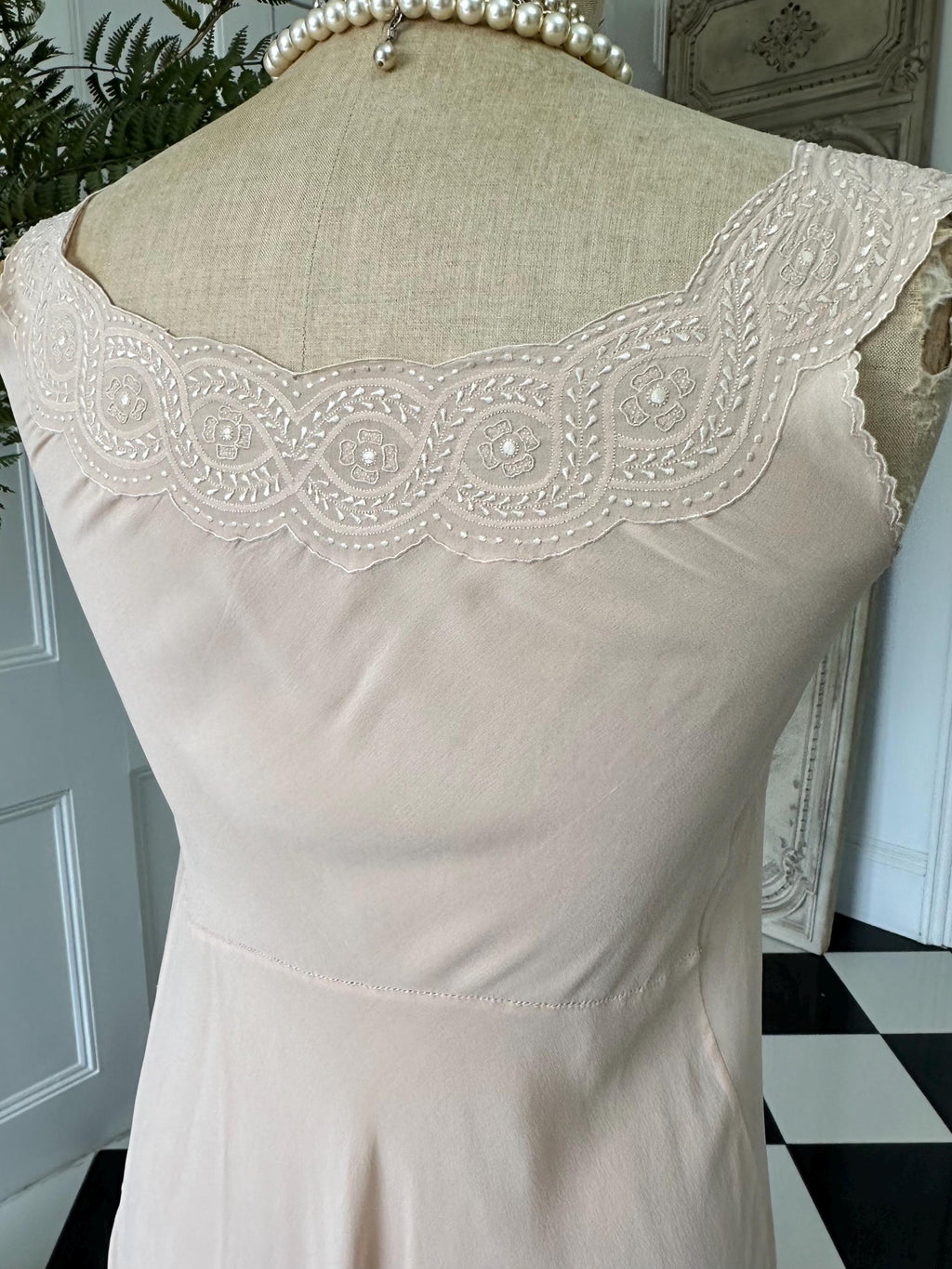 1930s Silk Crepe Gown: Hand-Embroidered Lace, Bias Cut Maxi Dress