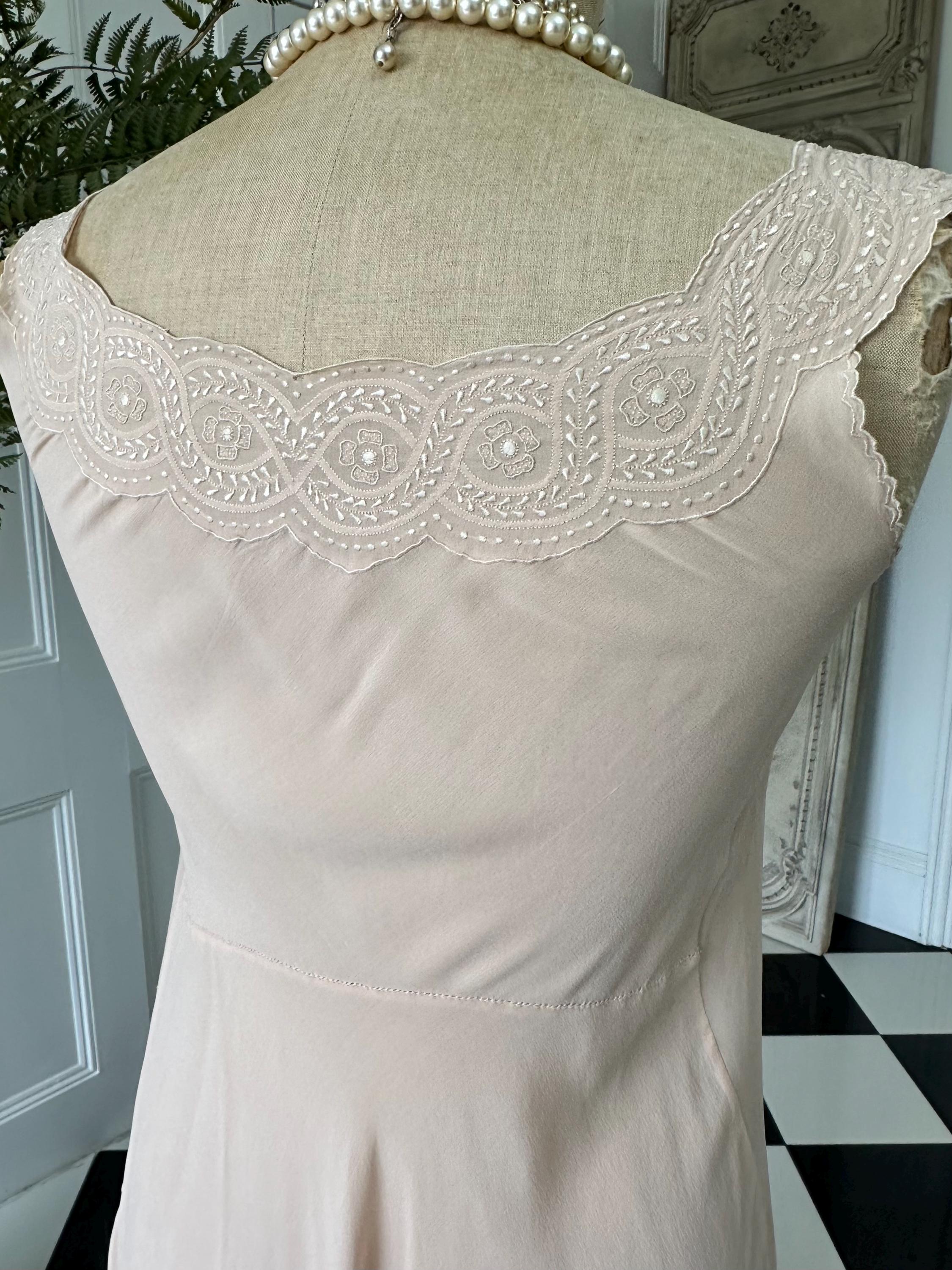 1930s Silk Crepe Gown: Hand-Embroidered Lace, Bias Cut Maxi Dress