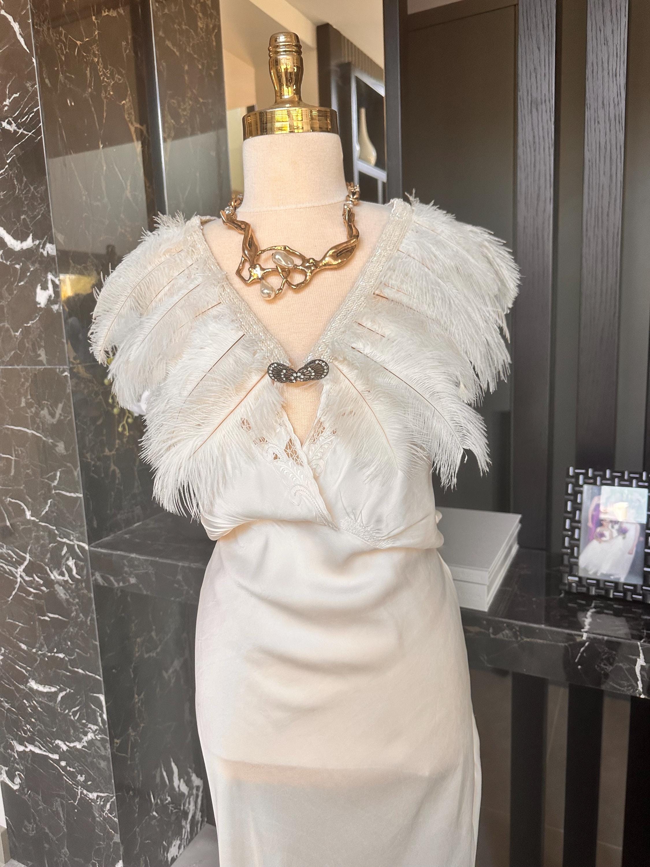 1920s 1930s vintage style feather cape with embellished in cream white  cape shawl