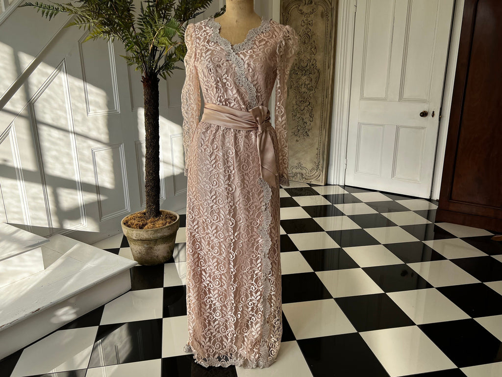 1980s mauve lace  evening dress