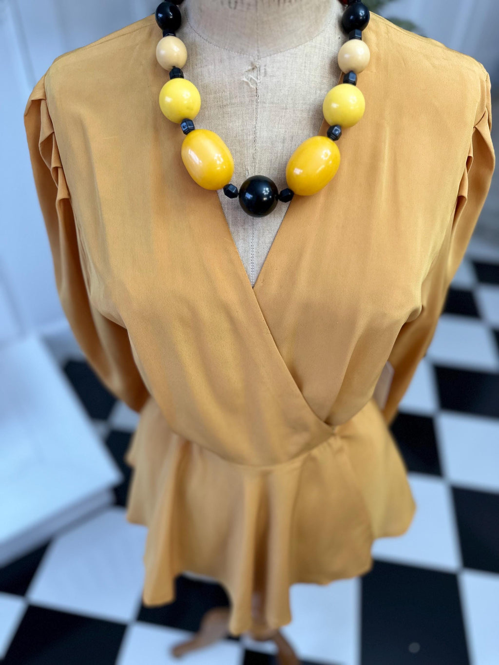 Vintage 1980s silk long sleeve wrap blouse in mustard