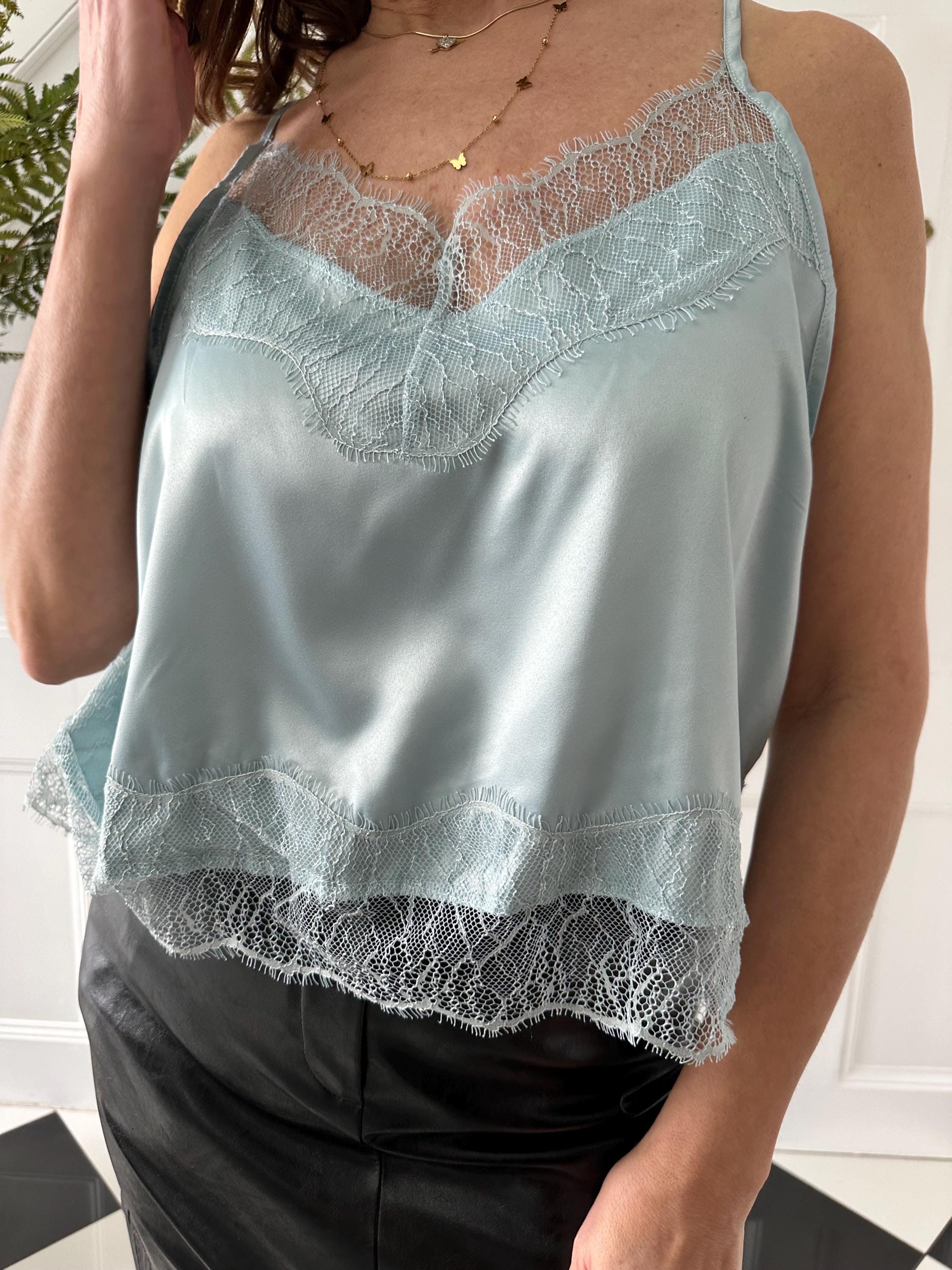 Vintage duck egg blue camisole with romantic lace