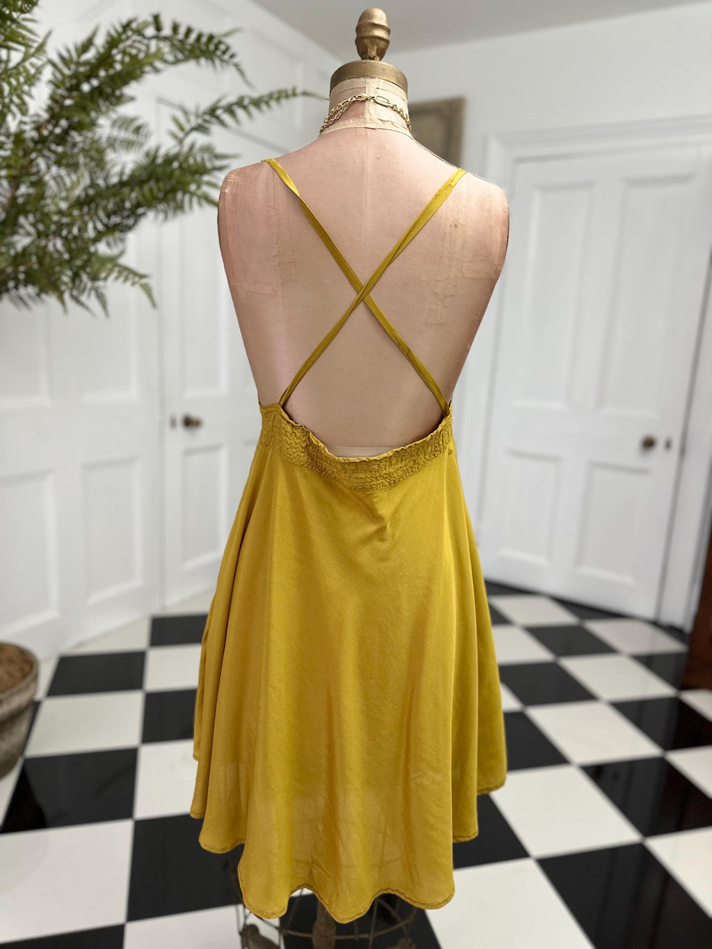 Vintage Mustard Cross Back Silky Mini Slip Dress