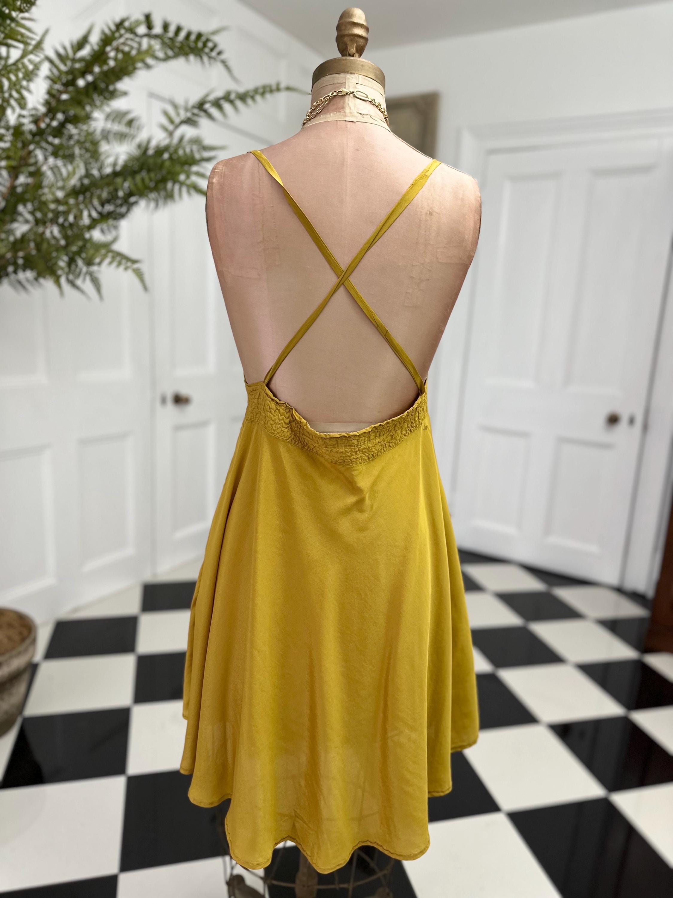 Vintage Mustard Cross Back Silky Mini Slip Dress