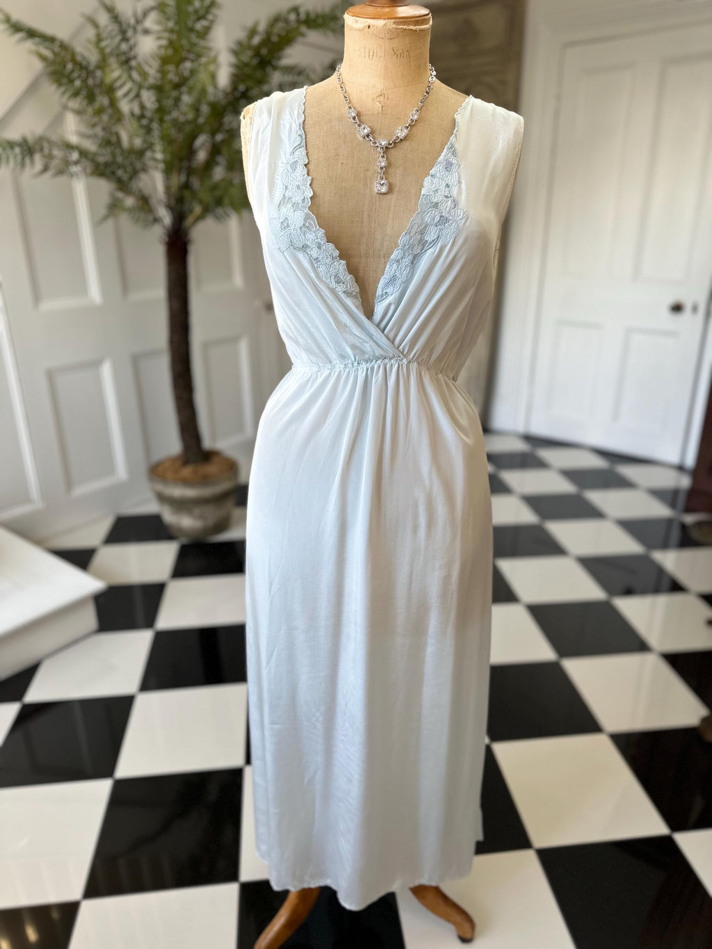 Sexy 1980s long slip dress in pale blue