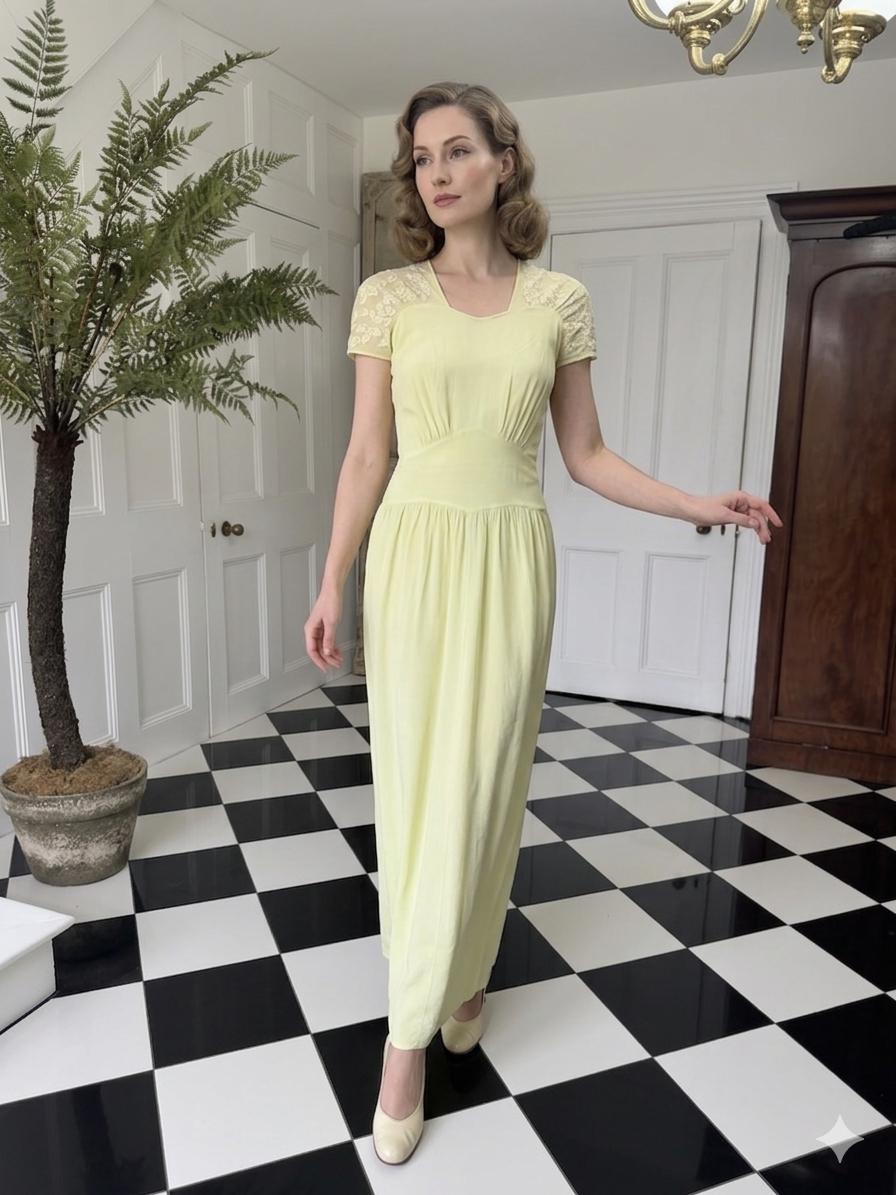 1940s Vintage Silk  Hand Embroidered Dress in mint green