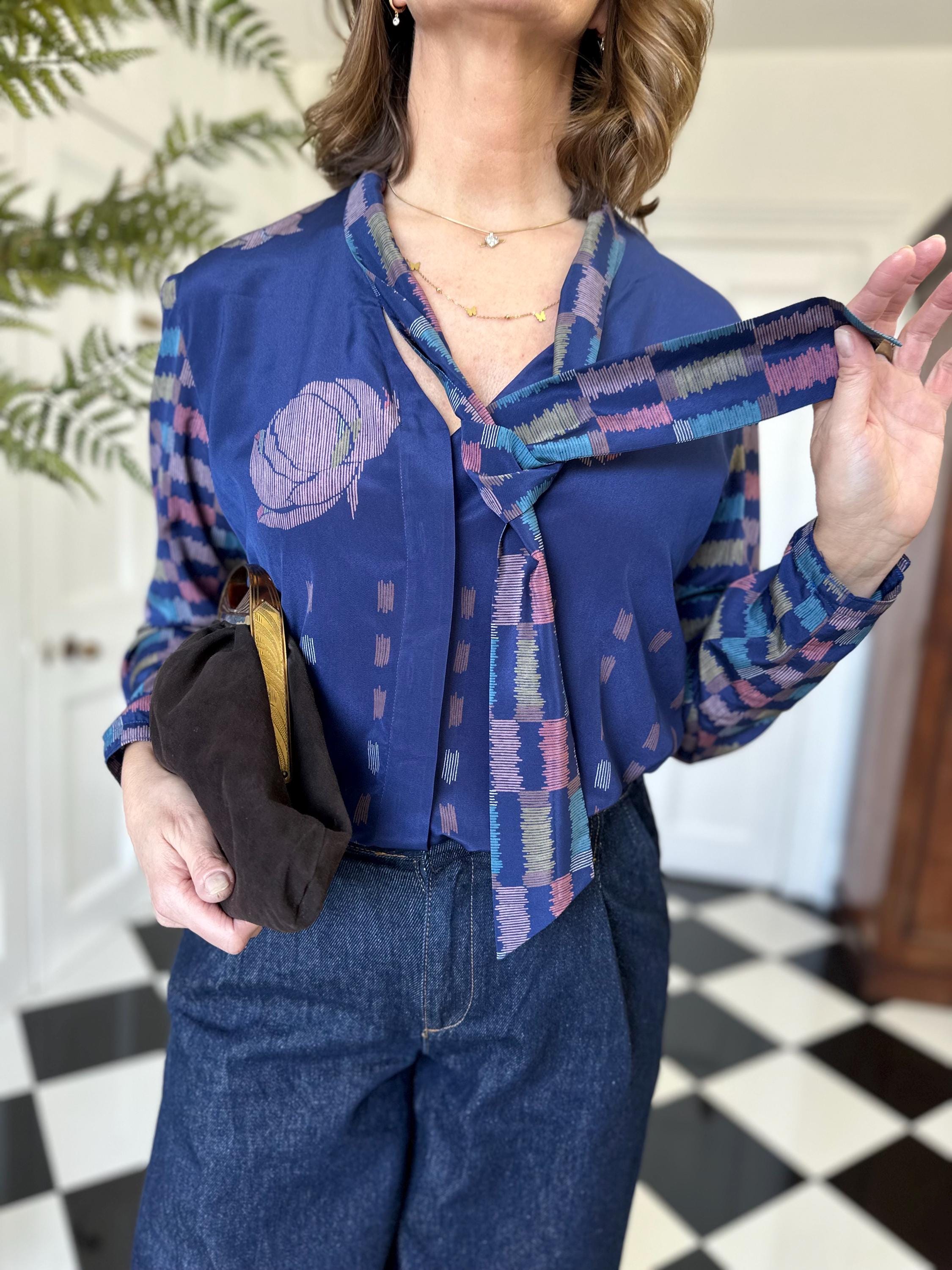 Vintage blue bussybow long sleeve blouse geometric print design