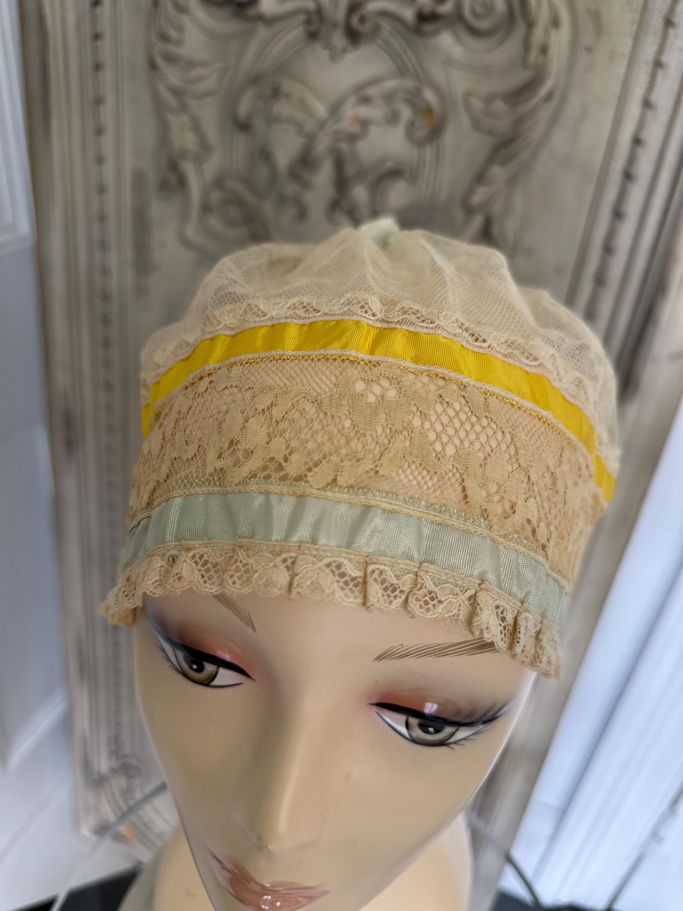1920s tulle and silk ribbon boudoir bonnet hat