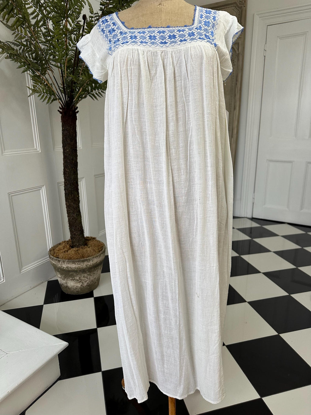 1970s hand loomed muslin dress with hand embroidered smock style