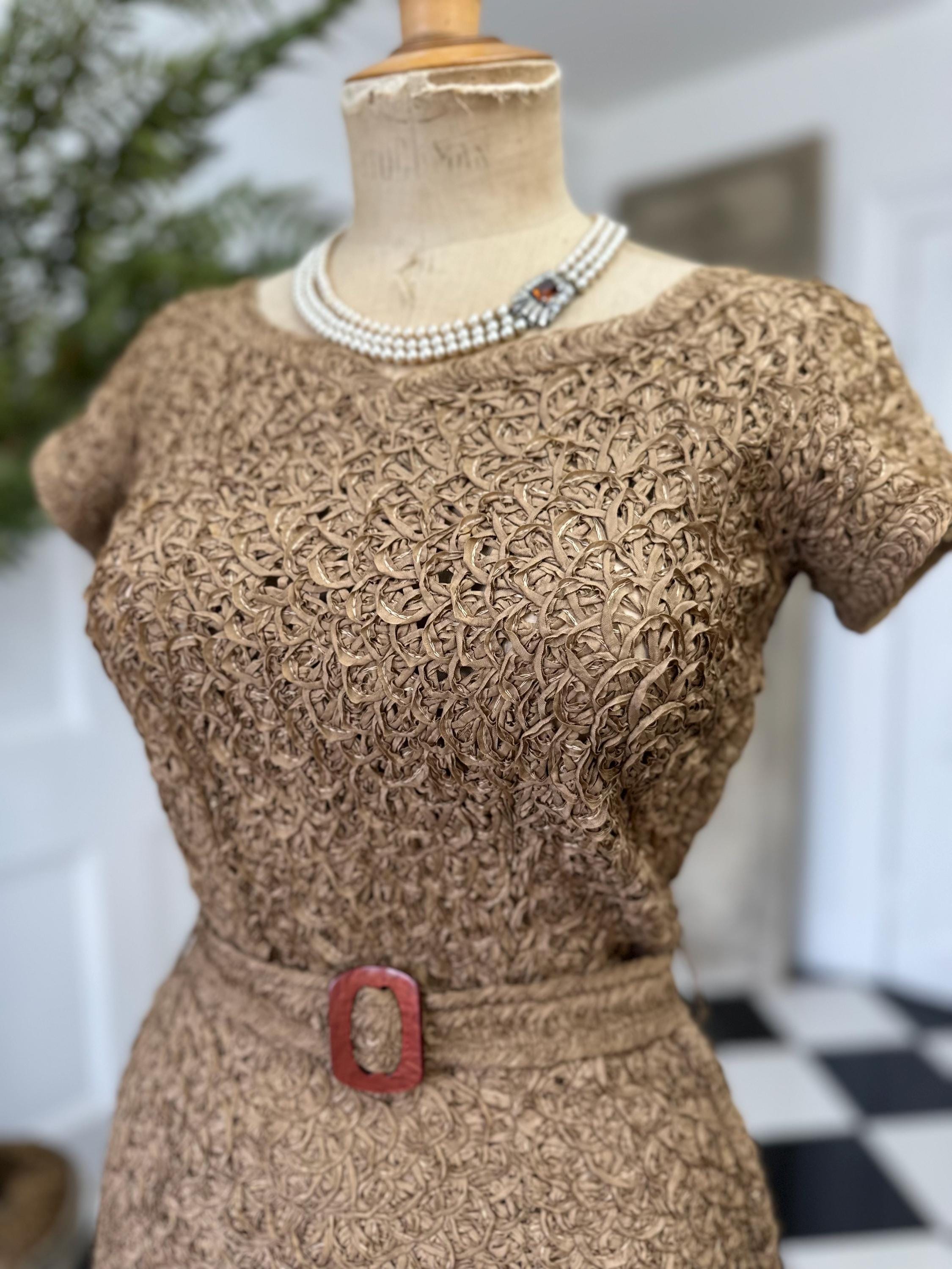 1940s Ribbon Work Dress: Brown Vintage Irene of Glenton