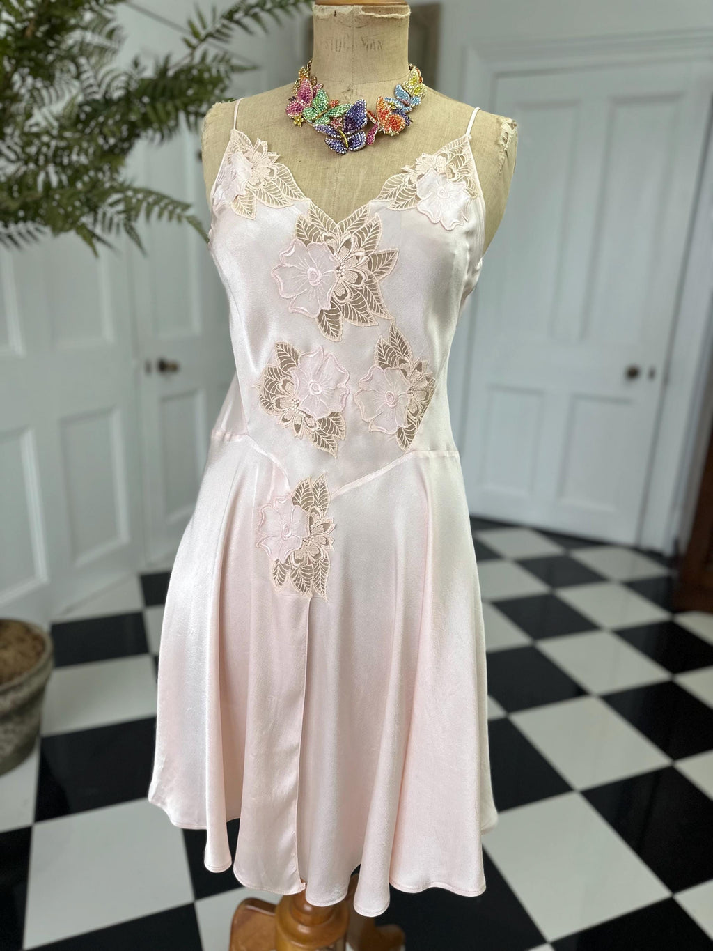 Vintage Pink Mini Silk Slip with Lace - Sexy Front Split with thin Straps