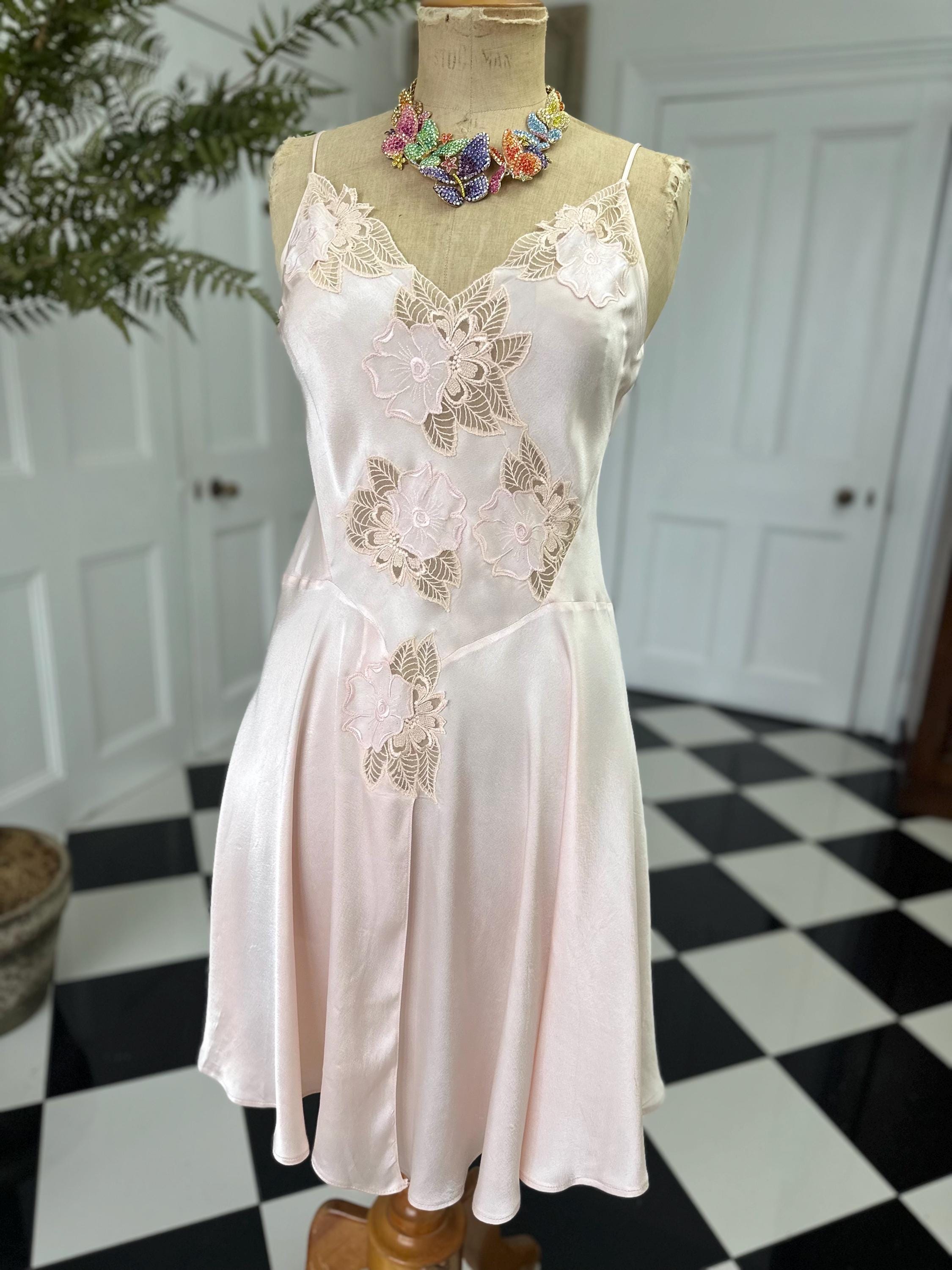 Vintage Pink Mini Silk Slip with Lace - Sexy Front Split with thin Straps