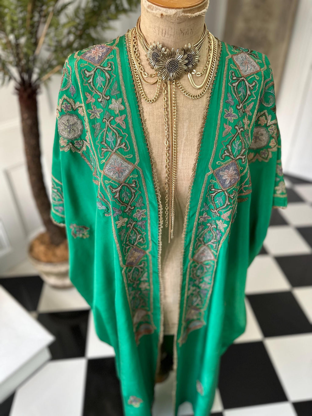 Antique Ottoman Silk Kaftan: 19th Century Emerald Green Embroidered Robe