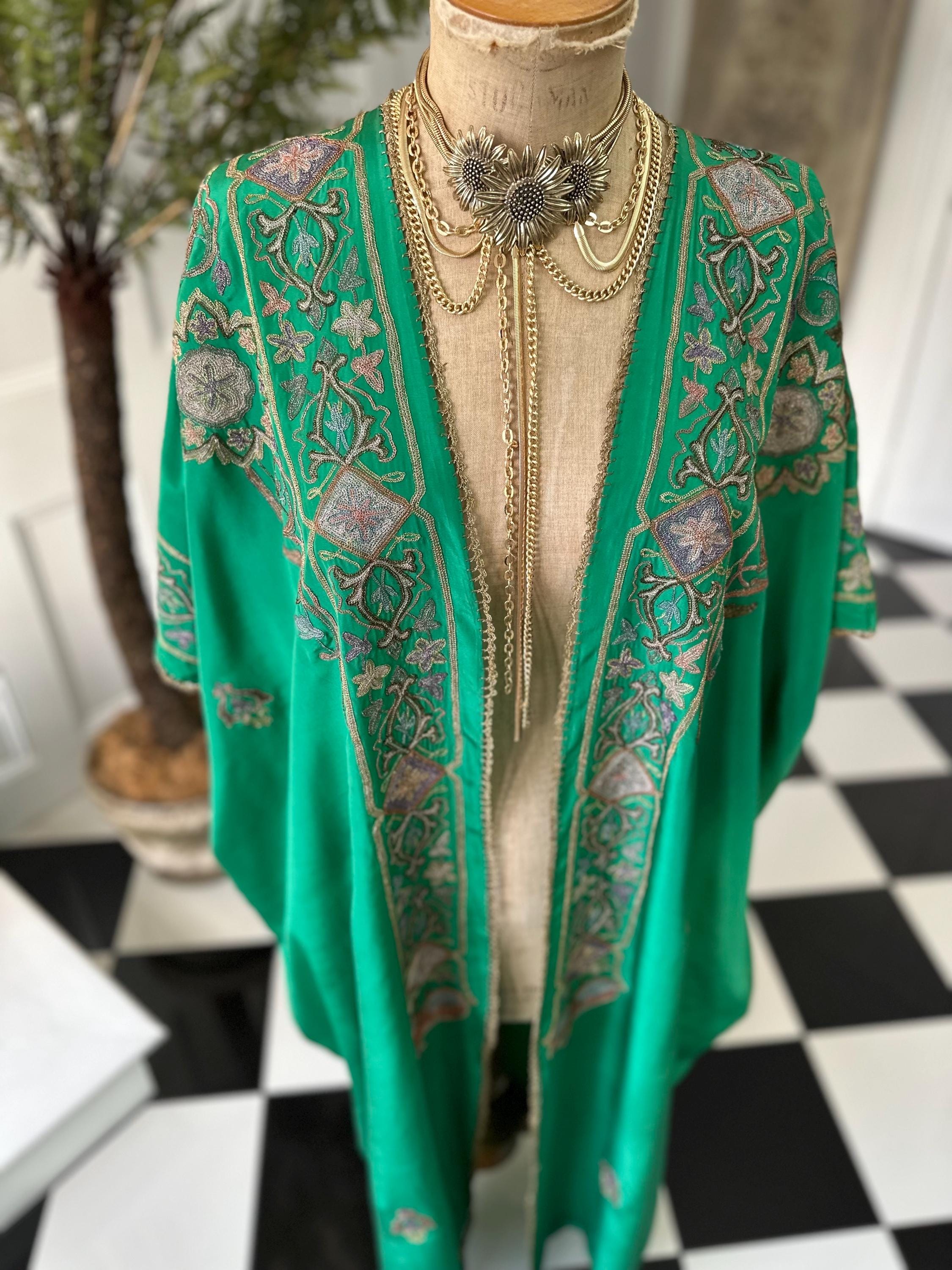 Antique Ottoman Silk Kaftan: 19th Century Emerald Green Embroidered Robe