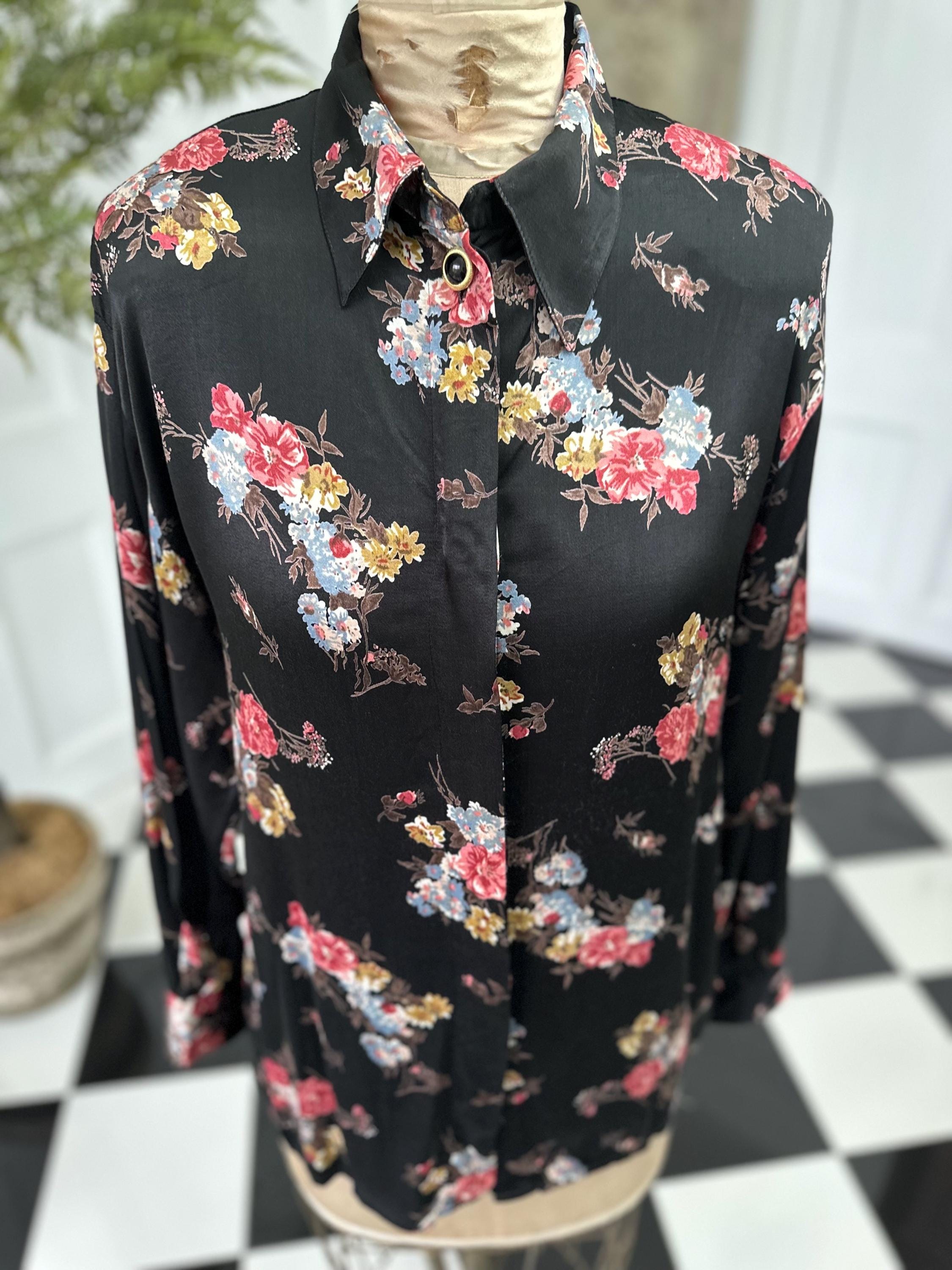 1980s Satin Black Floral Long Sleeve Blouse Vintage Chic
