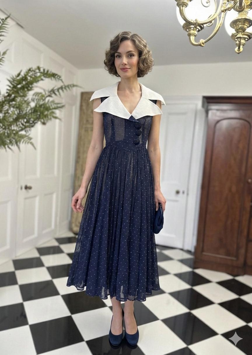 1940s Muslin Navy and white polka dot full skirt dress with extra large collar