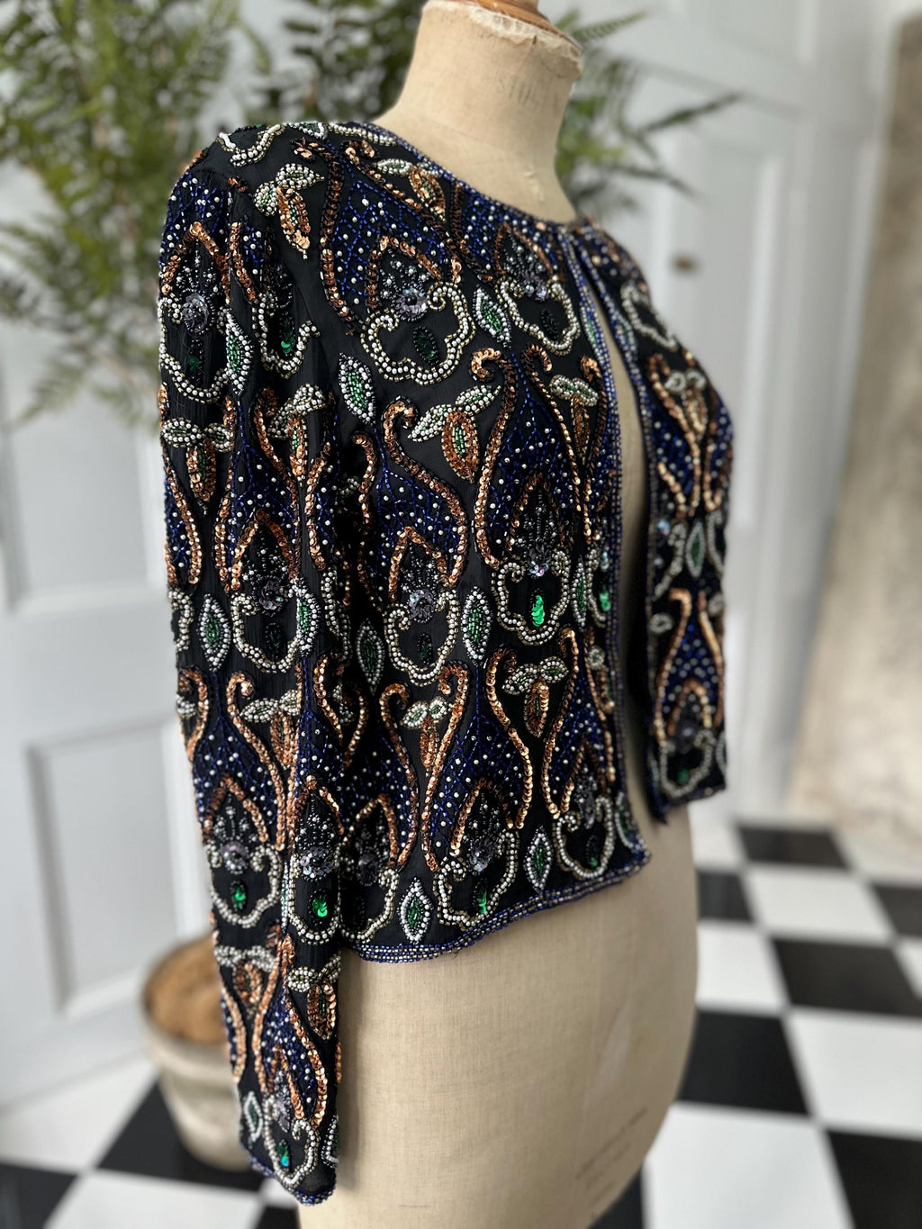 1980 Silk jacket with blue bronze pearl sequin long sleeve