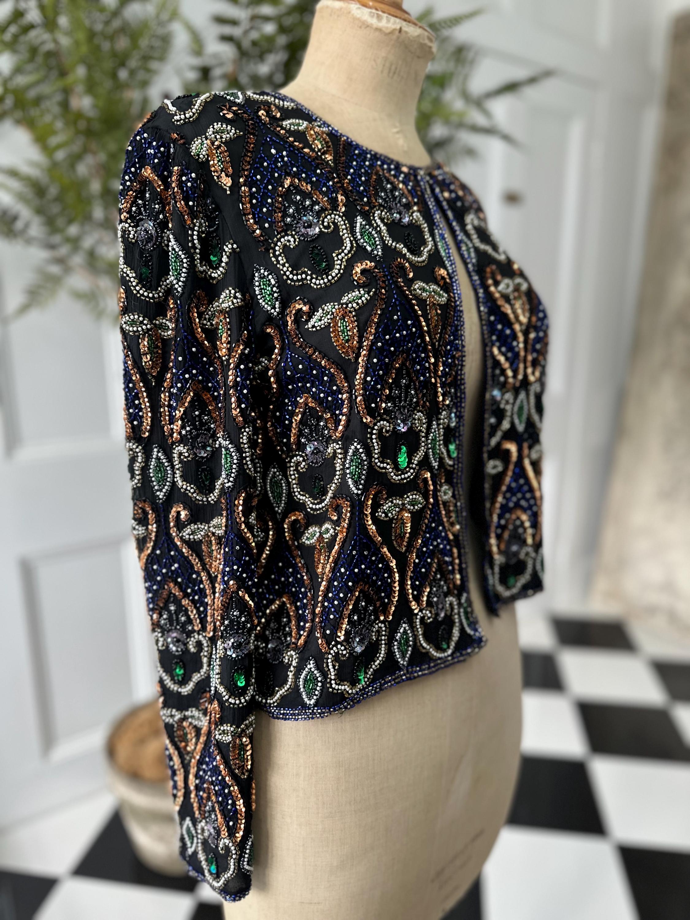 1980 Silk jacket with blue bronze pearl sequin long sleeve