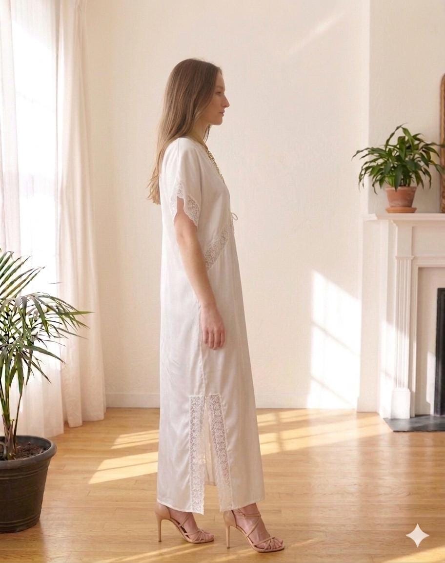 1970s silky white dress with lace trimming