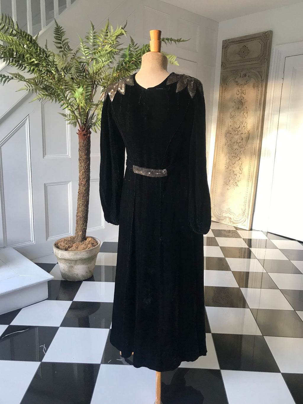 1930s 1940s old Hollywood black silk velvet dress with sequin shoulders details
