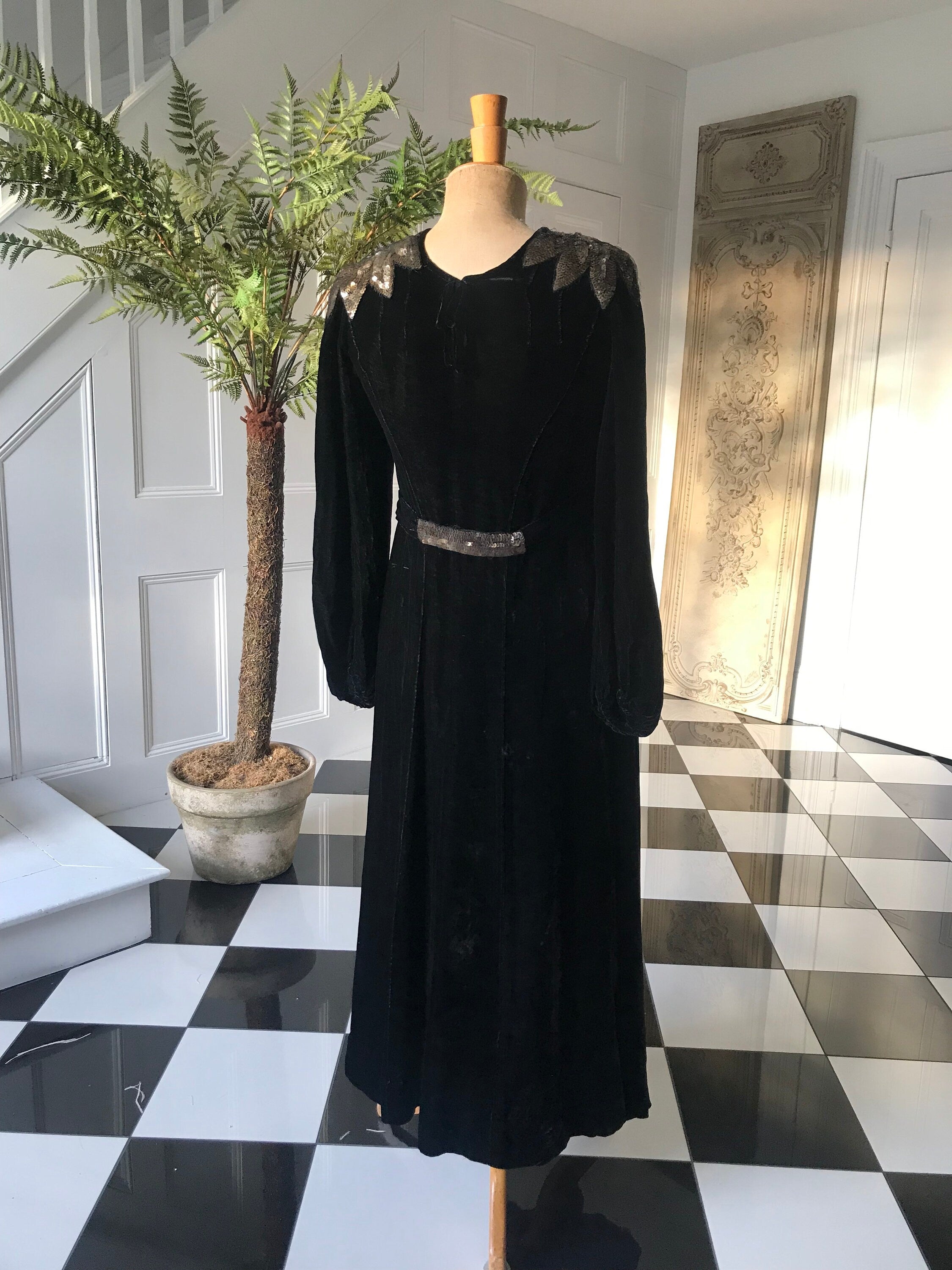 1930s 1940s old Hollywood black silk velvet dress with sequin shoulders details