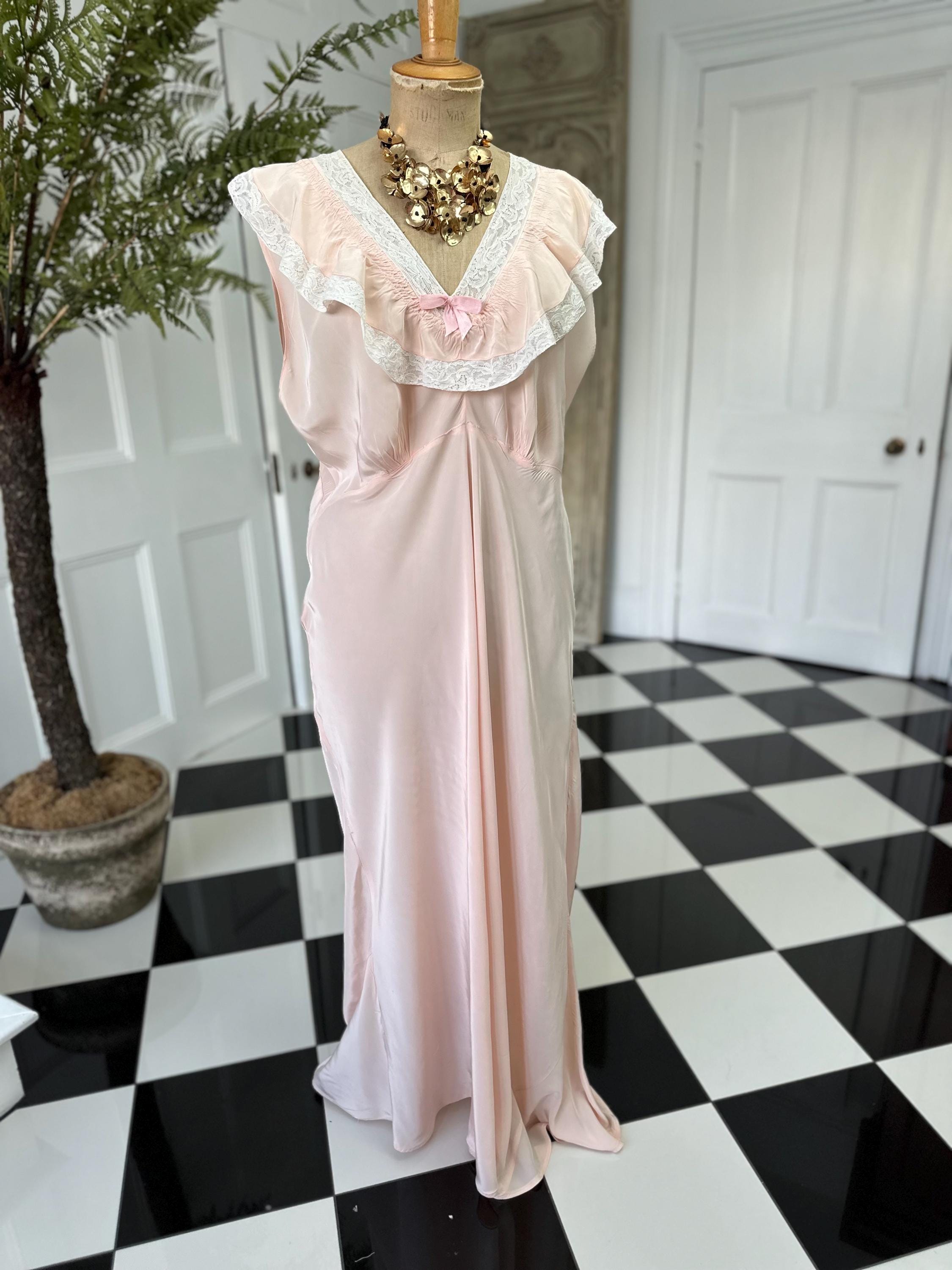1930s Pale Pink Slip Dress: Vintage Bias Cut with Cream Lace