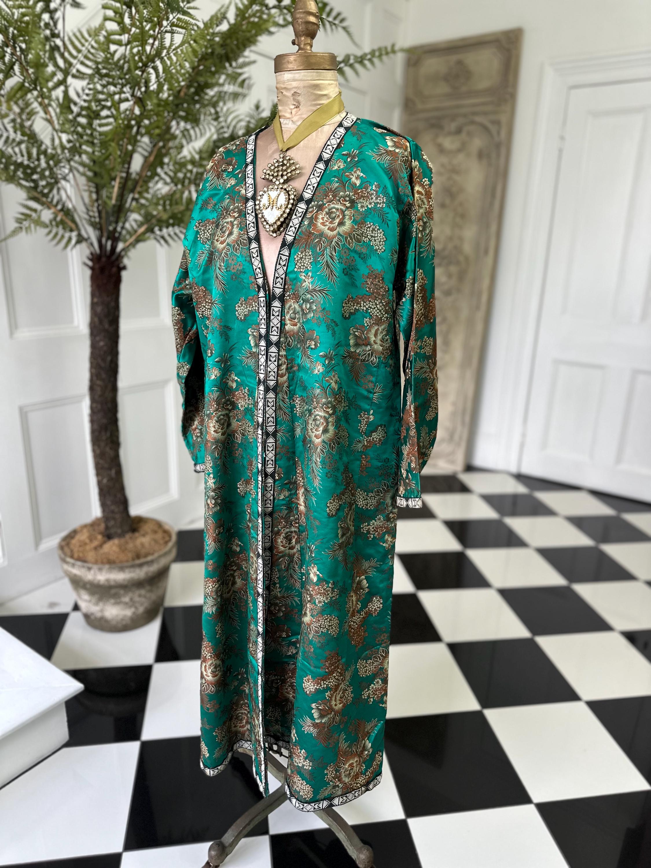 Antique Brocade Emerald Green Robe from the 1900s
