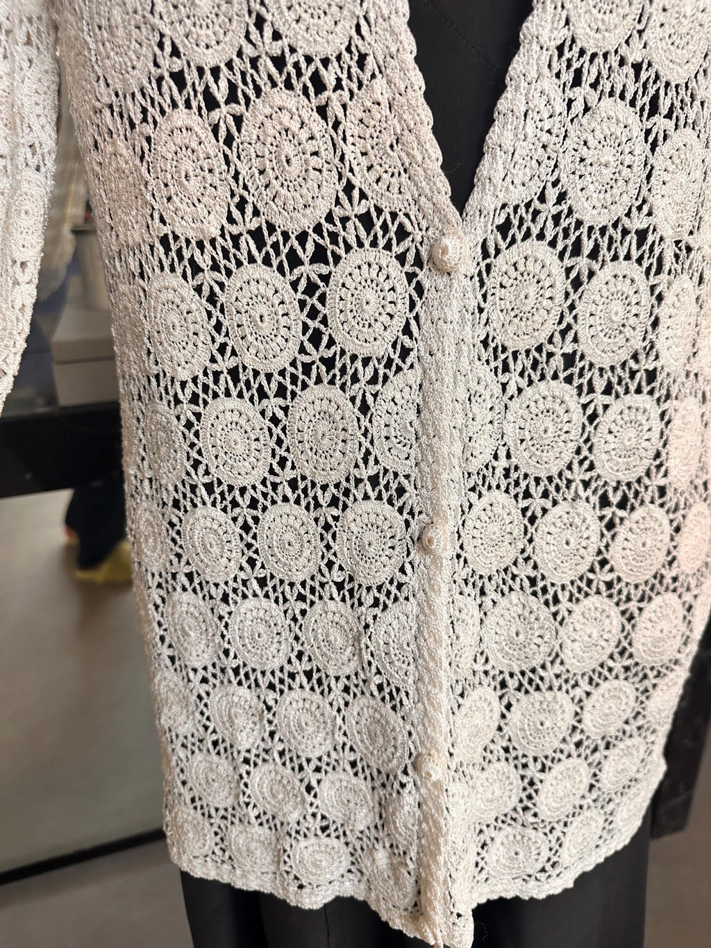 Hand Crocheted White Cardigan – Boho Medallion Lace Jacket, Cotton Blend Summer Knitwear