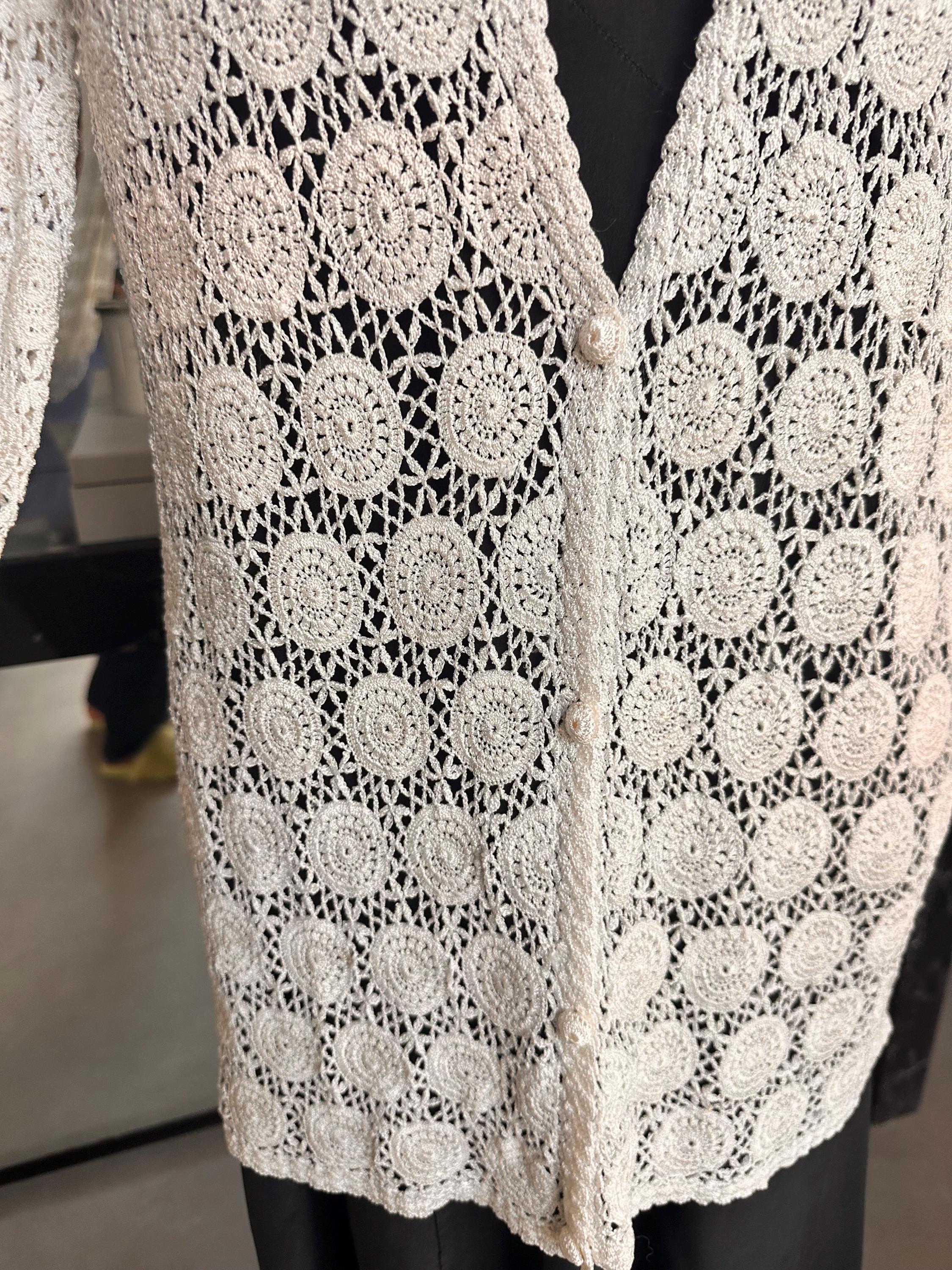 Hand Crocheted White Cardigan – Boho Medallion Lace Jacket, Cotton Blend Summer Knitwear