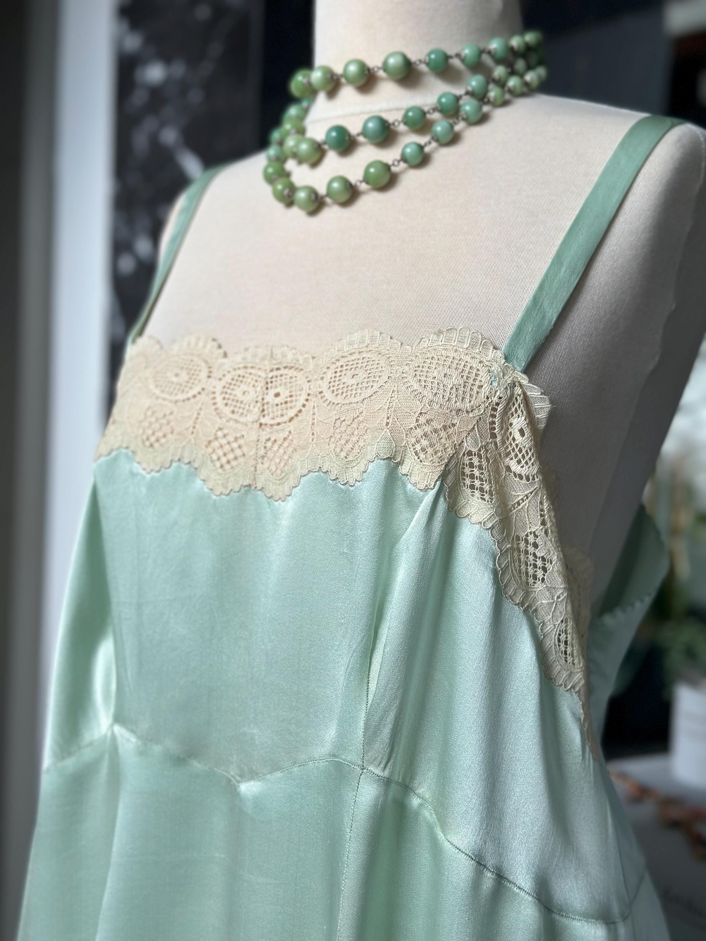 Antique 1930s Mint Green Silk Slip – Authentic Lace trimming