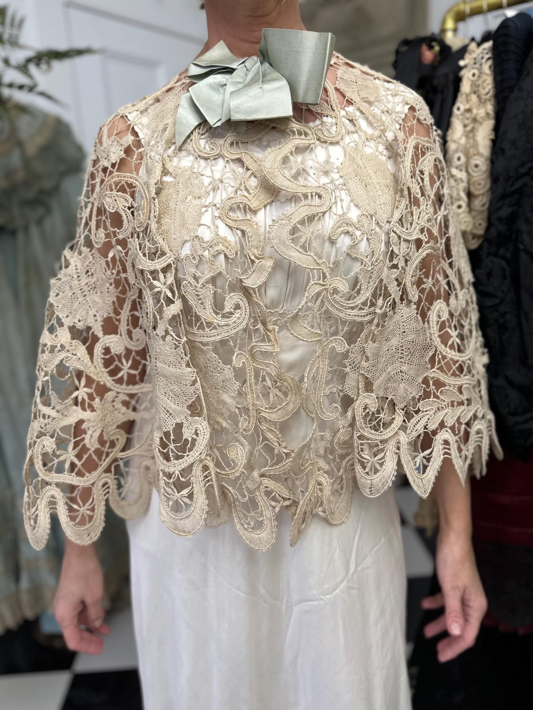 19th Century Cream Bobbin Lace Cape: Sage Green Silk Ribbon, Cotton