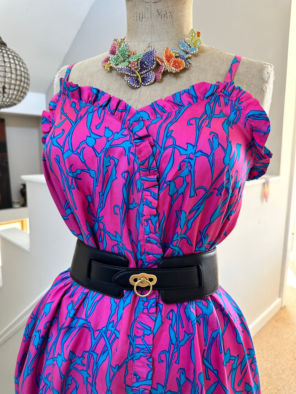 1970s Vintage silk spaghetti summer dress in hot pink and turquoise