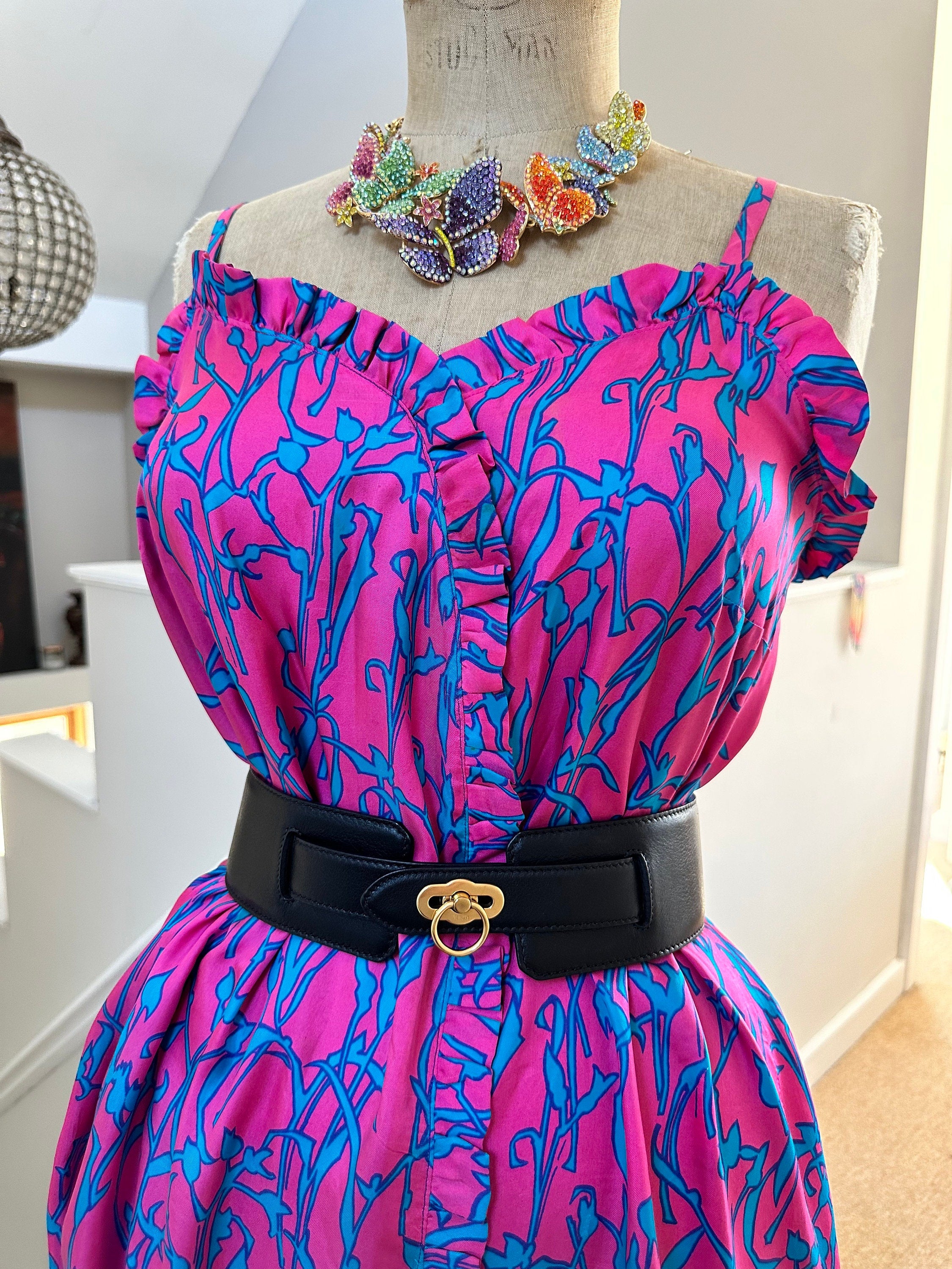 1970s Vintage silk spaghetti summer dress in hot pink and turquoise
