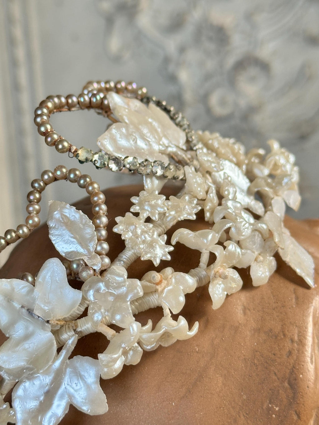 Vintage Floral Wax Tiara with Heart Accents 1930s 40s