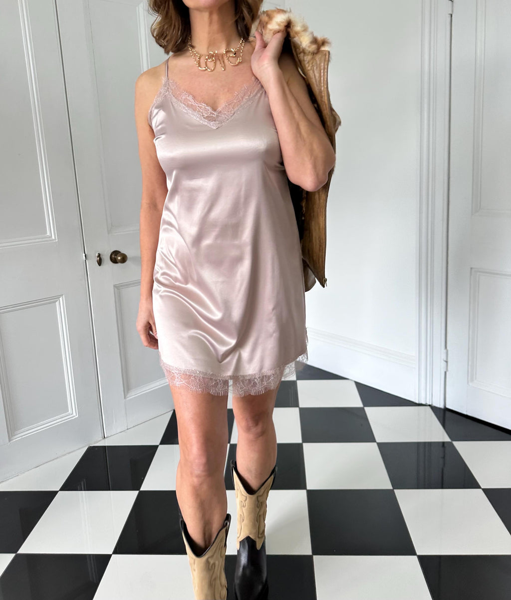 Vintage silk satin slip dress with eyelash lace trim dusty rose mauve lingerie slip